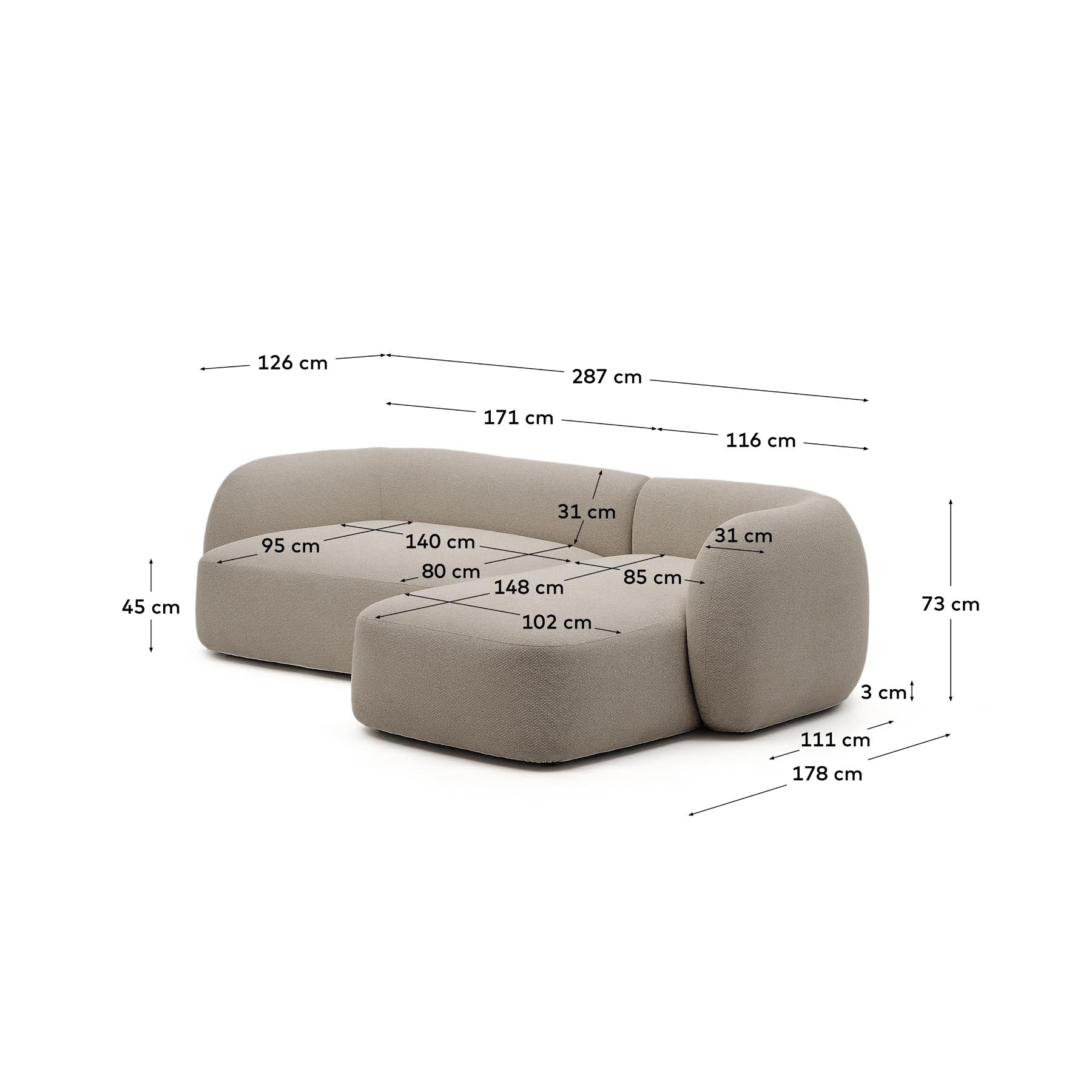 3-Sitzer-Modularsofa Martina mit Chenille und Chaiselongue rechts in Steinton 287 cm in Steinfarben präsentiert im Onlineshop von KAQTU Design AG. L-Sofa rechts ist von Kave Home