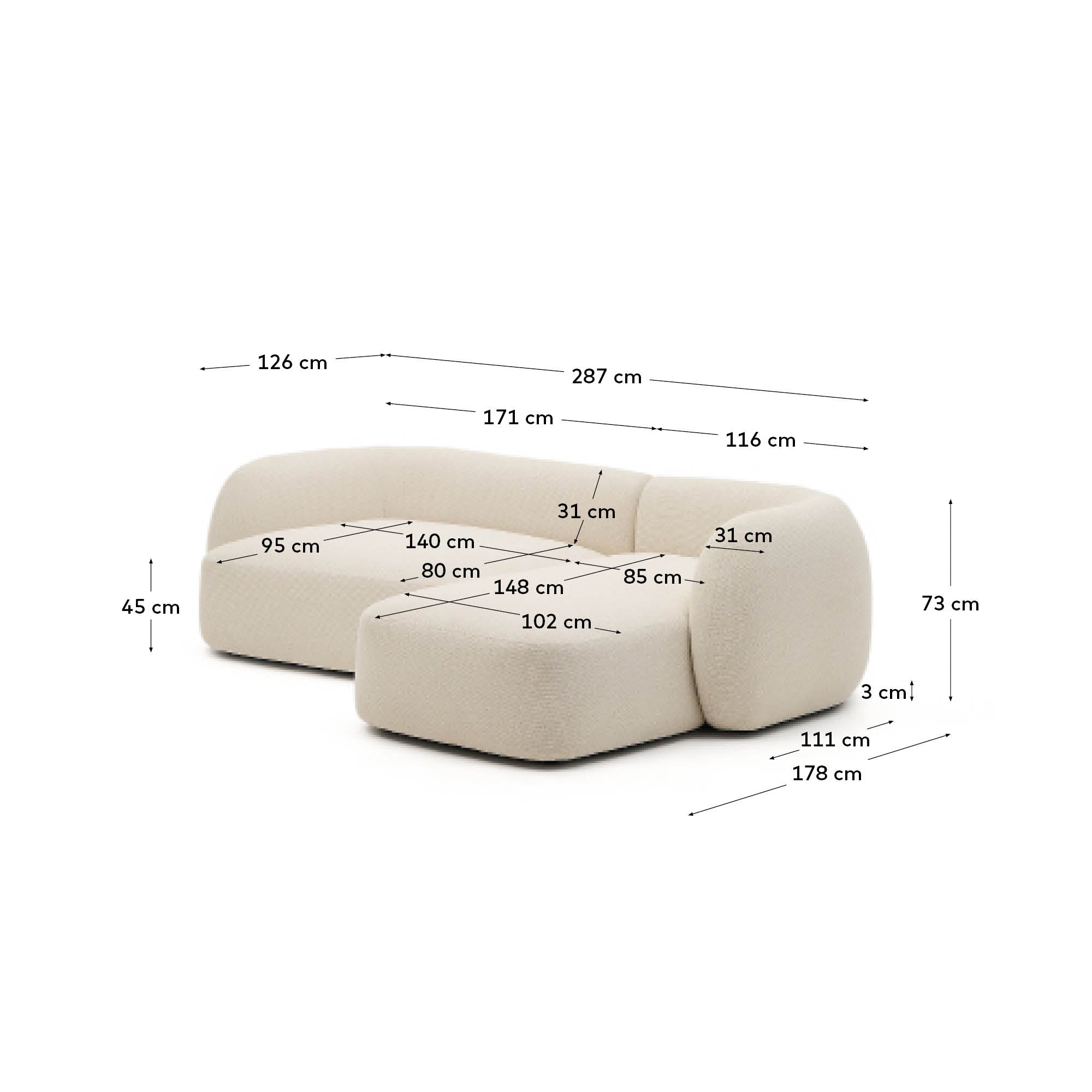Schwer entflammbares 3-Sitzer-Modularsofa Martina mit Chenille und Chaiselongue rechts in Ecru 287 cm in Ecru präsentiert im Onlineshop von KAQTU Design AG. L-Sofa rechts ist von Kave Home