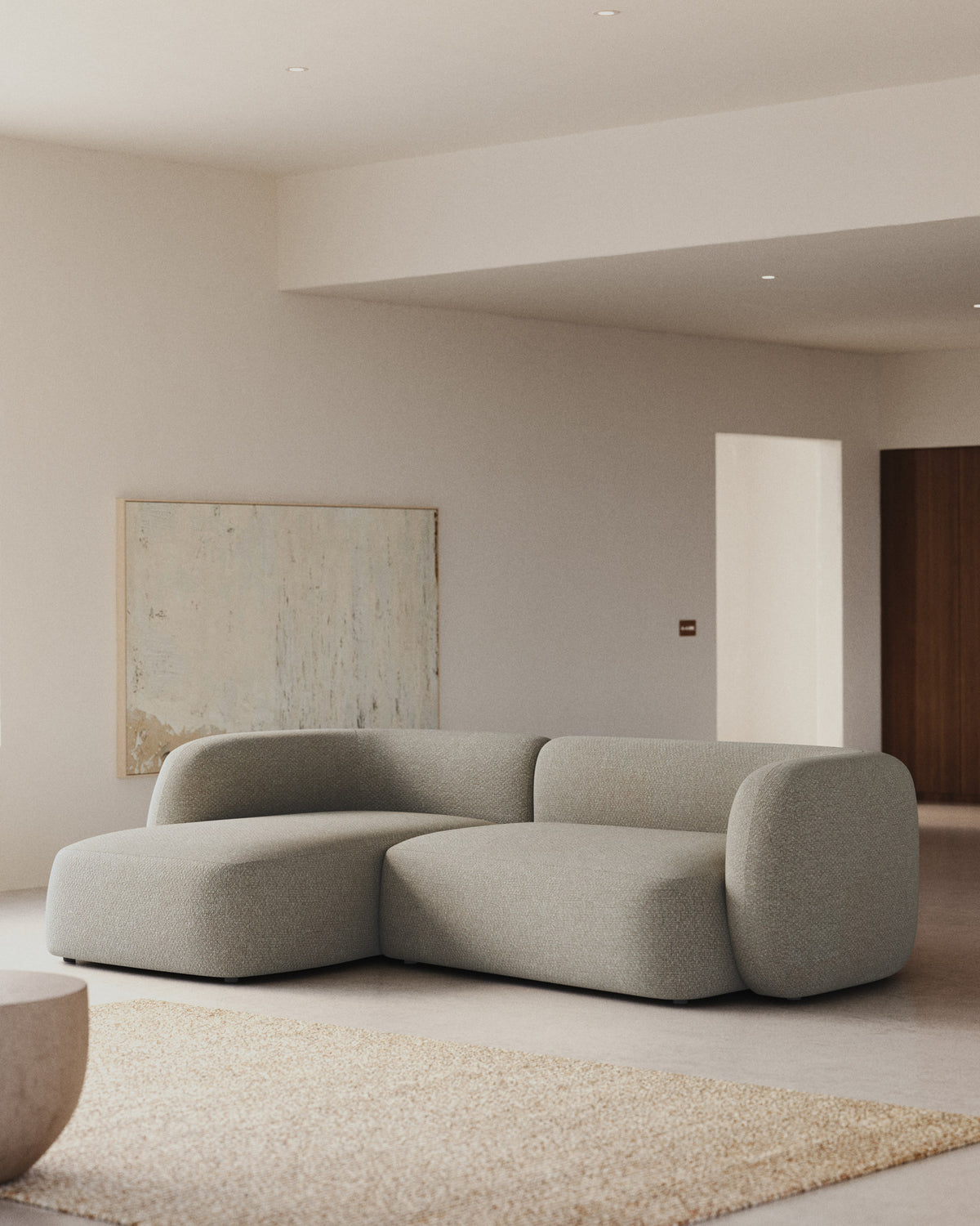 Schwer entflammbares 3-Sitzer-Modularsofa Martina mit Chenille und Chaiselongue links in Steinton 287 cm in Steinfarben präsentiert im Onlineshop von KAQTU Design AG. L-Sofa links ist von Kave Home