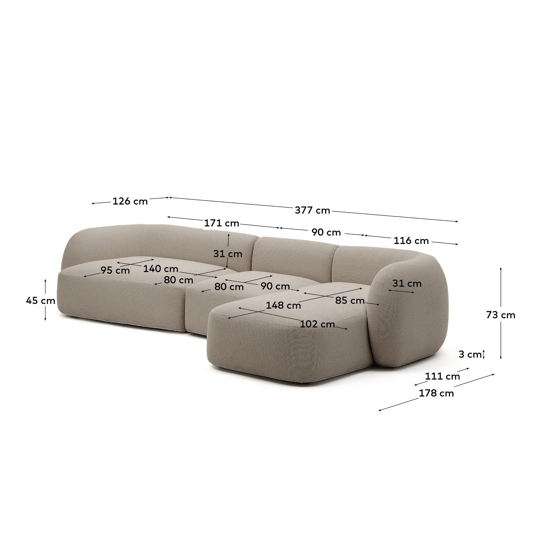 4-Sitzer-Modularsofa Martina mit Chenille und Chaiselongue rechts in Steinton 377 cm in Steinfarben präsentiert im Onlineshop von KAQTU Design AG. L-Sofa rechts ist von Kave Home