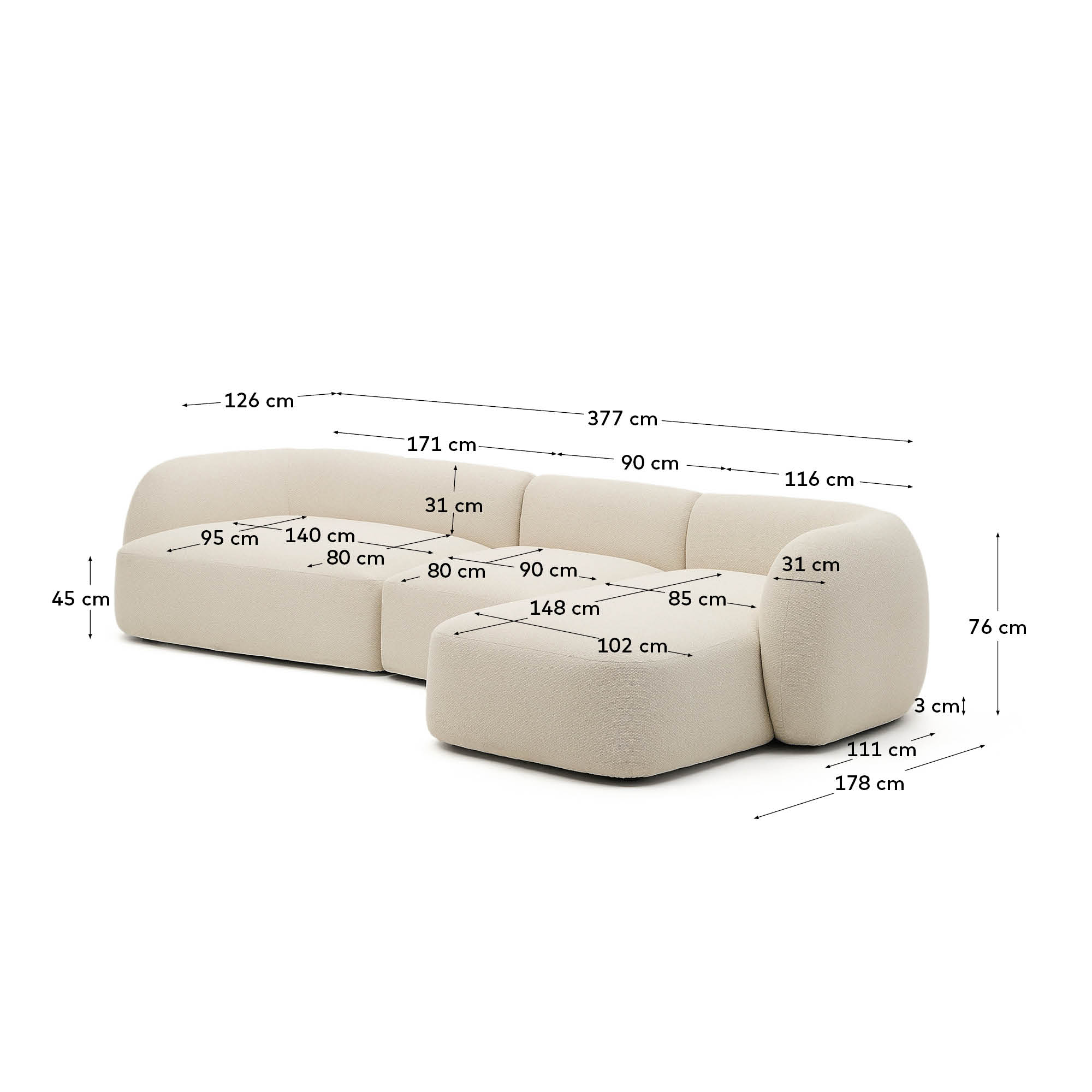 Elegantes, modulares 4-Sitzer-Sofa in Ecru Chenille mit rechter Chaiselongue, 377 cm breit, für stilvollen Komfort.