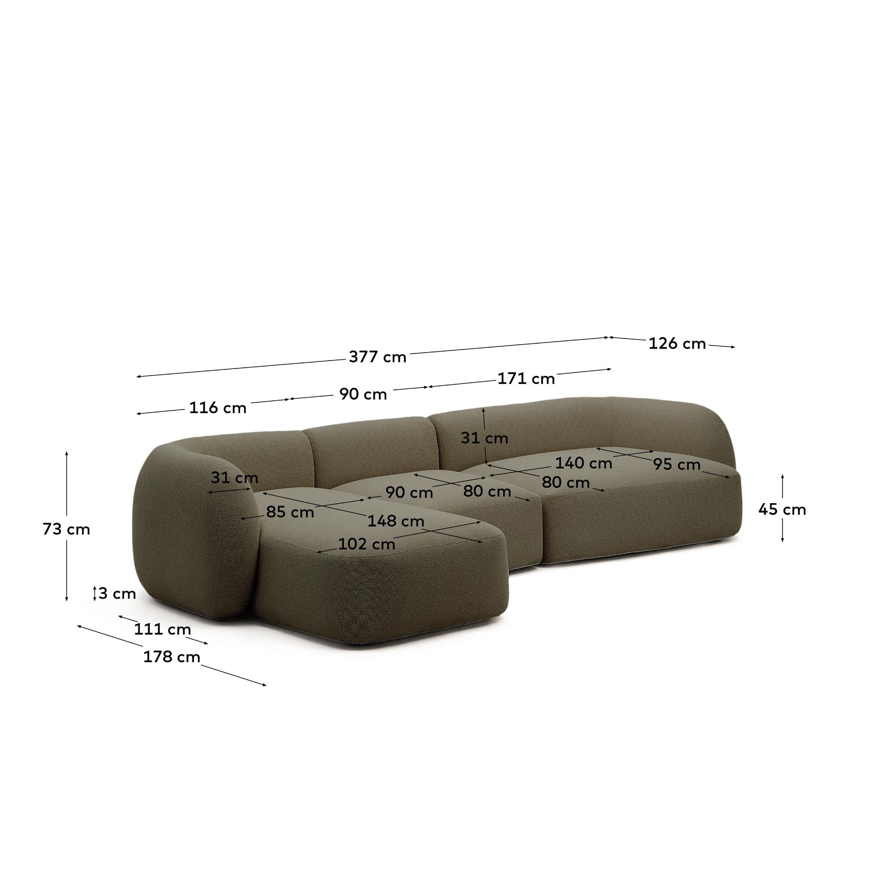 4-Sitzer-Modularsofa Martina mit Chenille und Chaiselongue links in Grün 377 cm in Grün präsentiert im Onlineshop von KAQTU Design AG. L-Sofa rechts ist von Kave Home