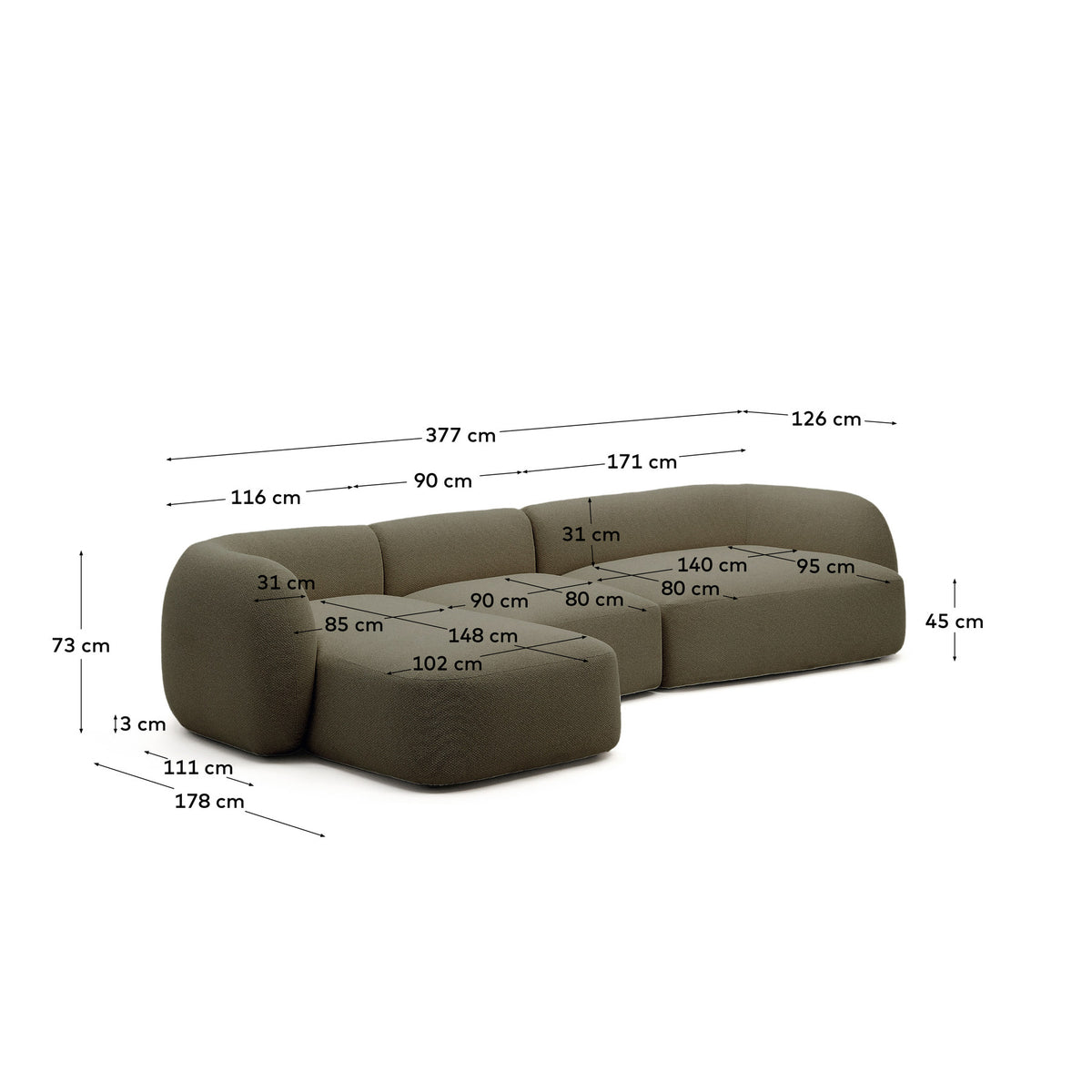 4-Sitzer-Modularsofa Martina mit Chenille und Chaiselongue links in Grün 377 cm in Grün präsentiert im Onlineshop von KAQTU Design AG. L-Sofa rechts ist von Kave Home