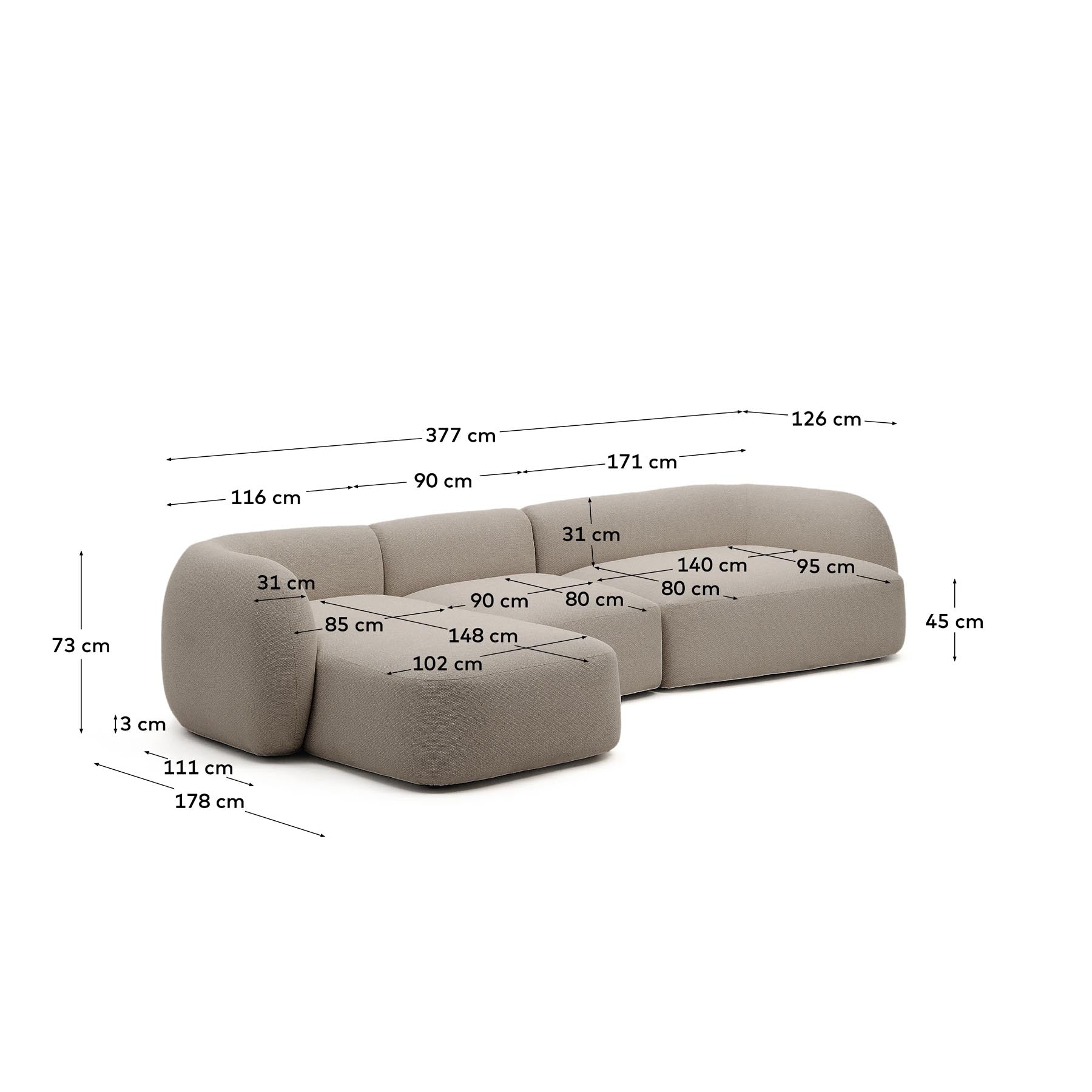 4-Sitzer-Modularsofa Martina mit Chenille und Chaiselongue links in Steinton 377 cm in Steinfarben präsentiert im Onlineshop von KAQTU Design AG. L-Sofa rechts ist von Kave Home