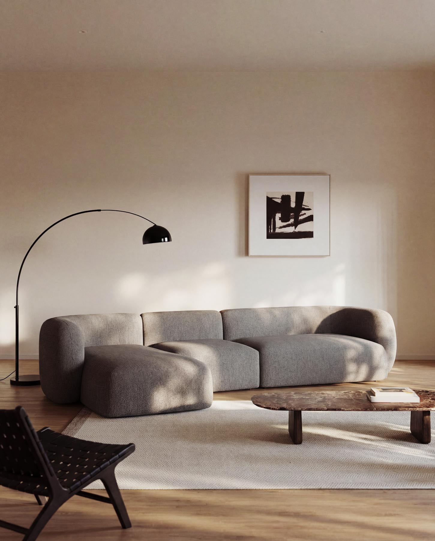 4-Sitzer-Modularsofa Martina mit Chenille und Chaiselongue links in Steinton 377 cm in Steinfarben präsentiert im Onlineshop von KAQTU Design AG. L-Sofa rechts ist von Kave Home