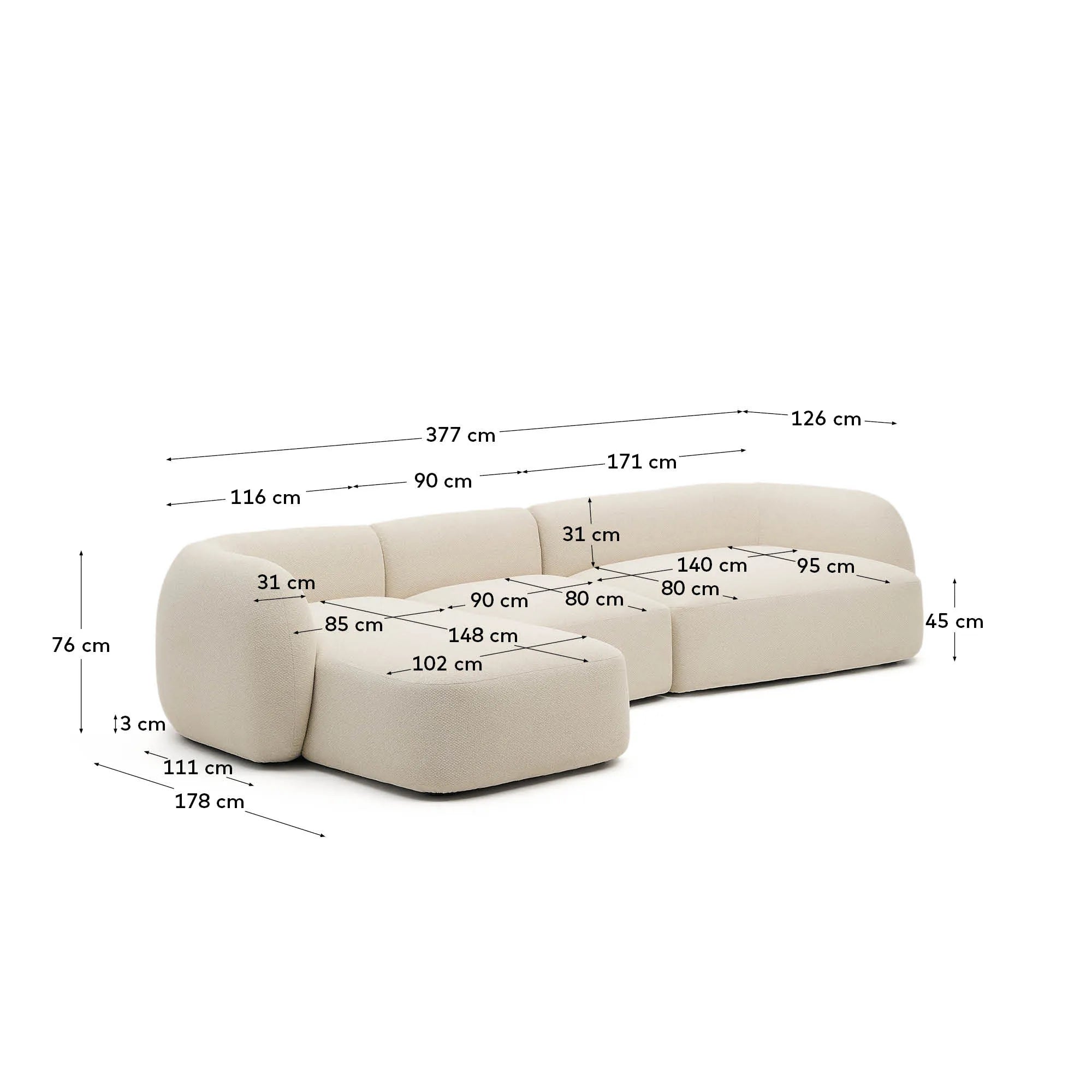 Martina modulares Sofa, 4-Sitzer, 377 cm, Chenille in Ecru, mit linker Chaiselongue. Stilvolles Design und hoher Komfort.