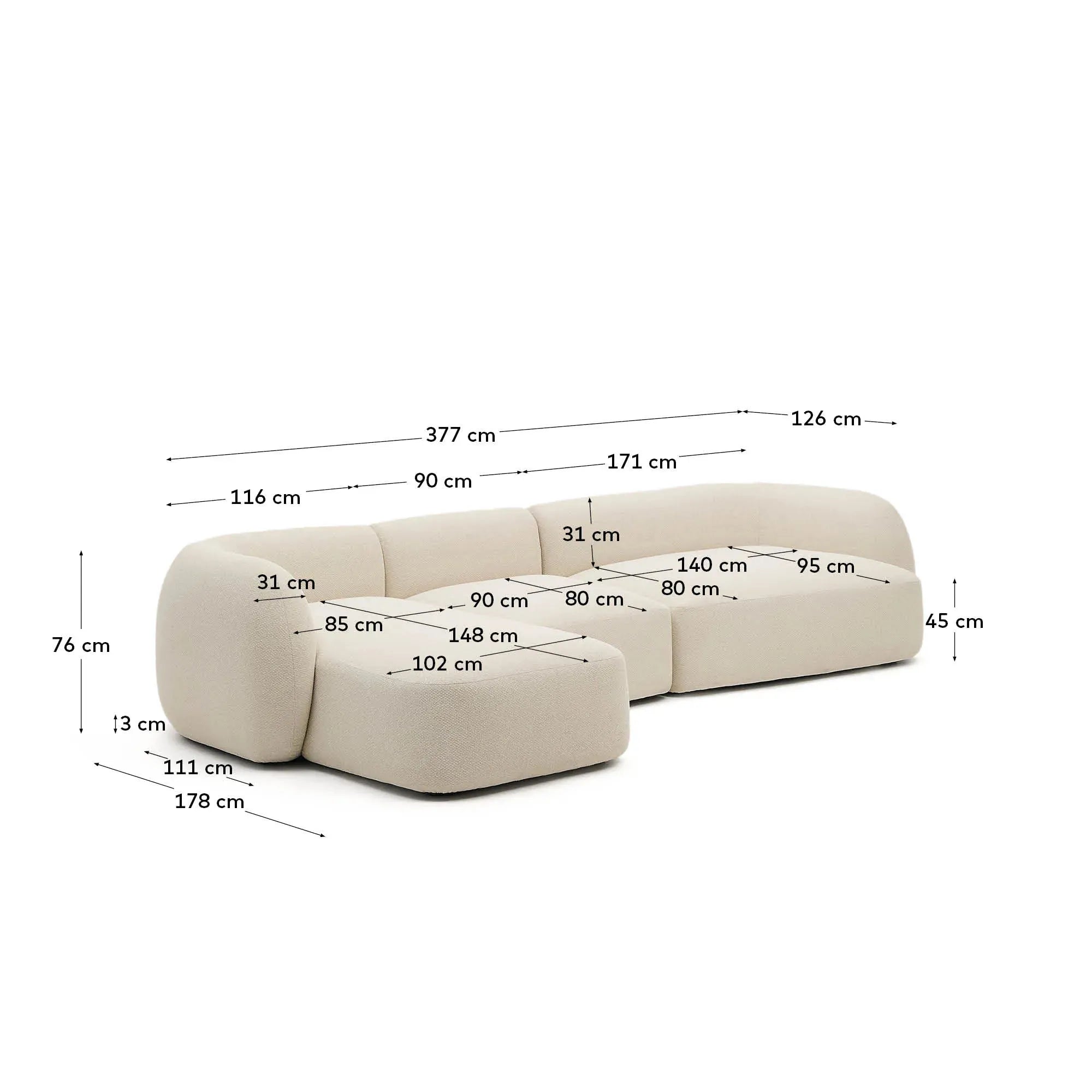 Martina modulares Sofa, 4-Sitzer, 377 cm, Ecru Chenille, mit linker Chaiselongue. Stilvolles Design und hoher Komfort.