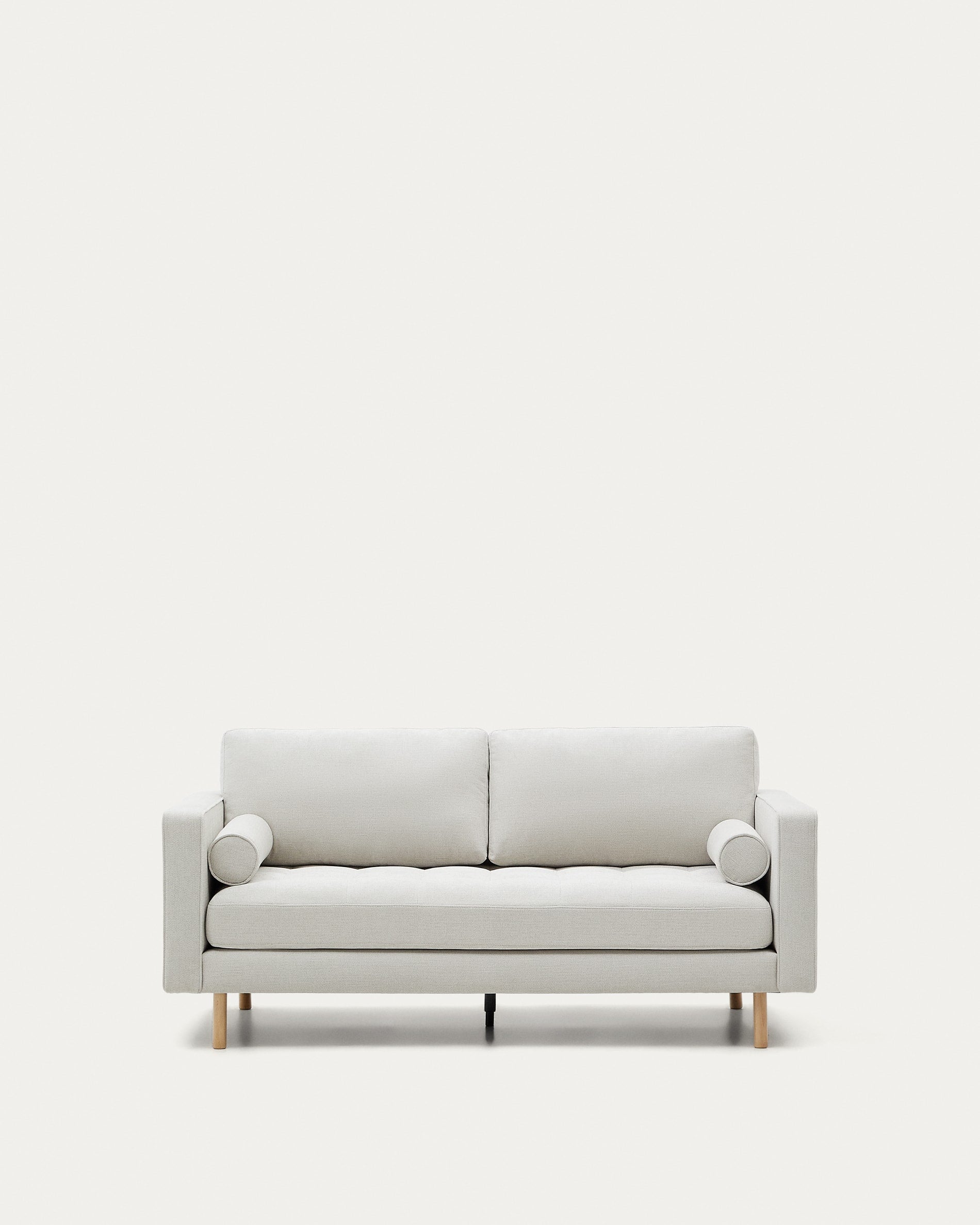 3D-Modell eines eleganten 2-Sitzer-Sofas in perlfarbener Chenille, Mid-Century-Stil, 182 cm, natürliche Holzbeine.