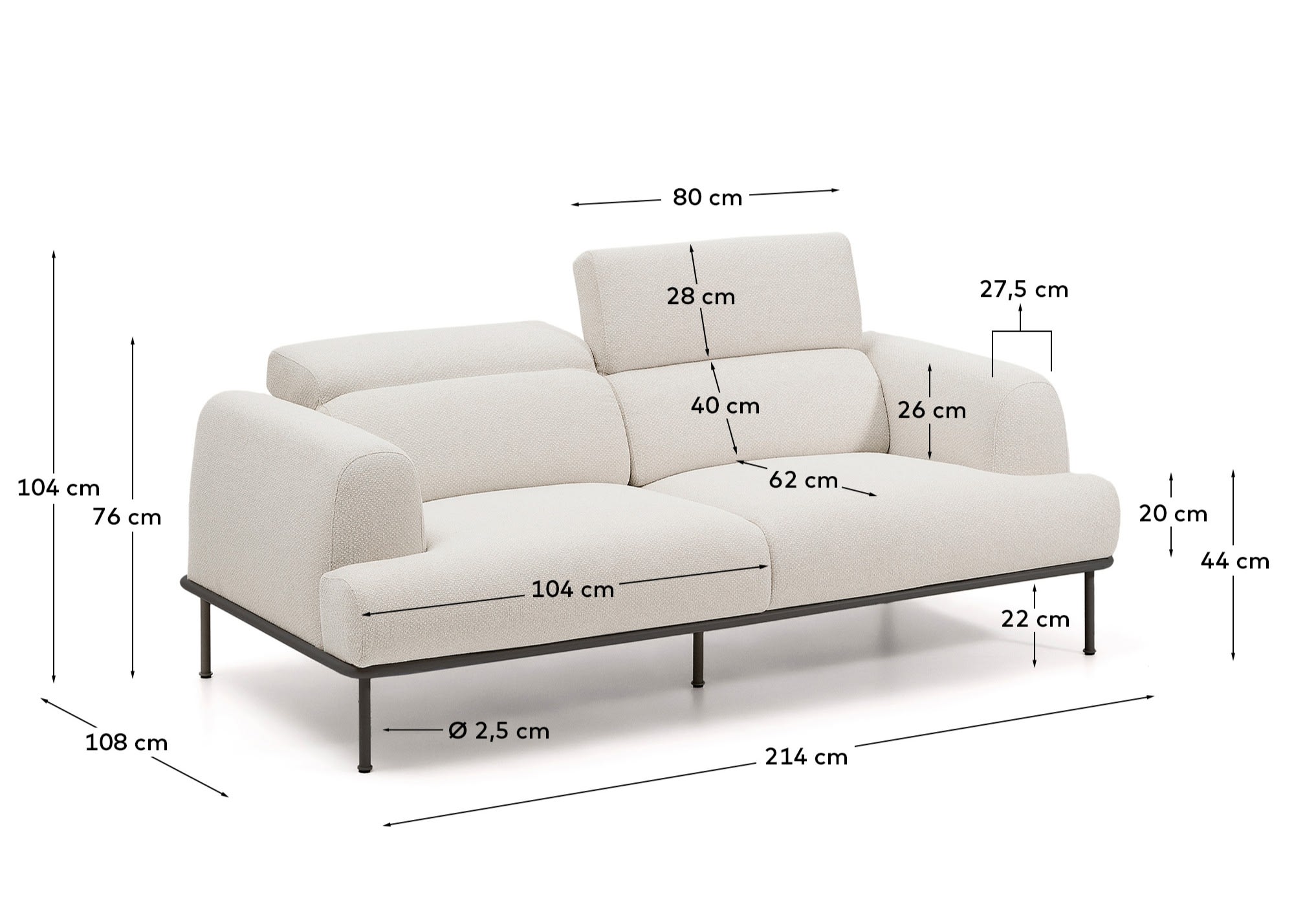 2-Sitzer-Sofa Aurum aus ecrufarbener Chenille mit verstellbarem Kopfteil und mattgrauer Me in Ecru präsentiert im Onlineshop von KAQTU Design AG. 2er Sofa ist von Kave Home