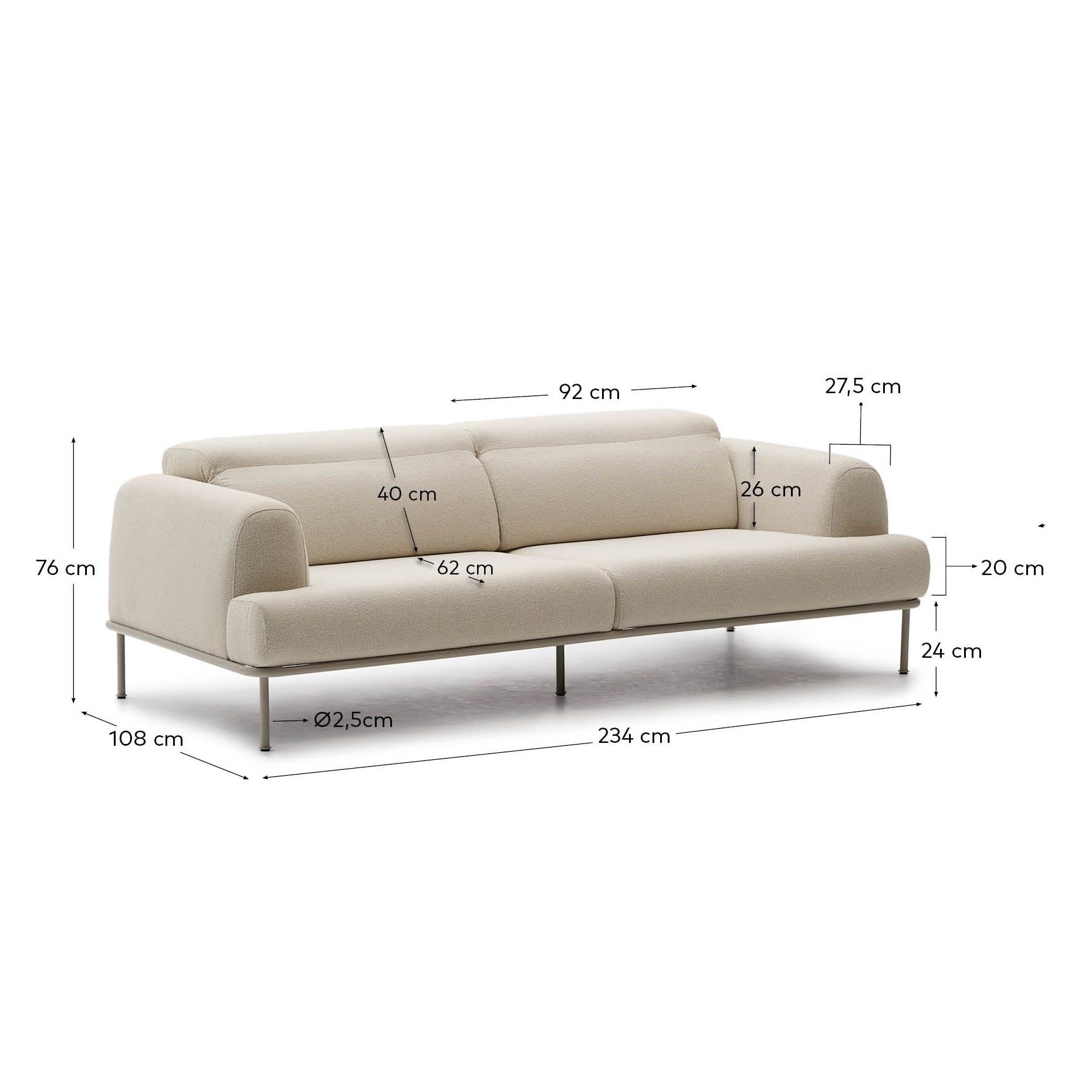 Elegantes 3-Sitzer-Sofa Aurum in Ecru, 234 cm, mit verstellbarer Kopfstütze, beigem Metallgestell, FSC-zertifiziert.