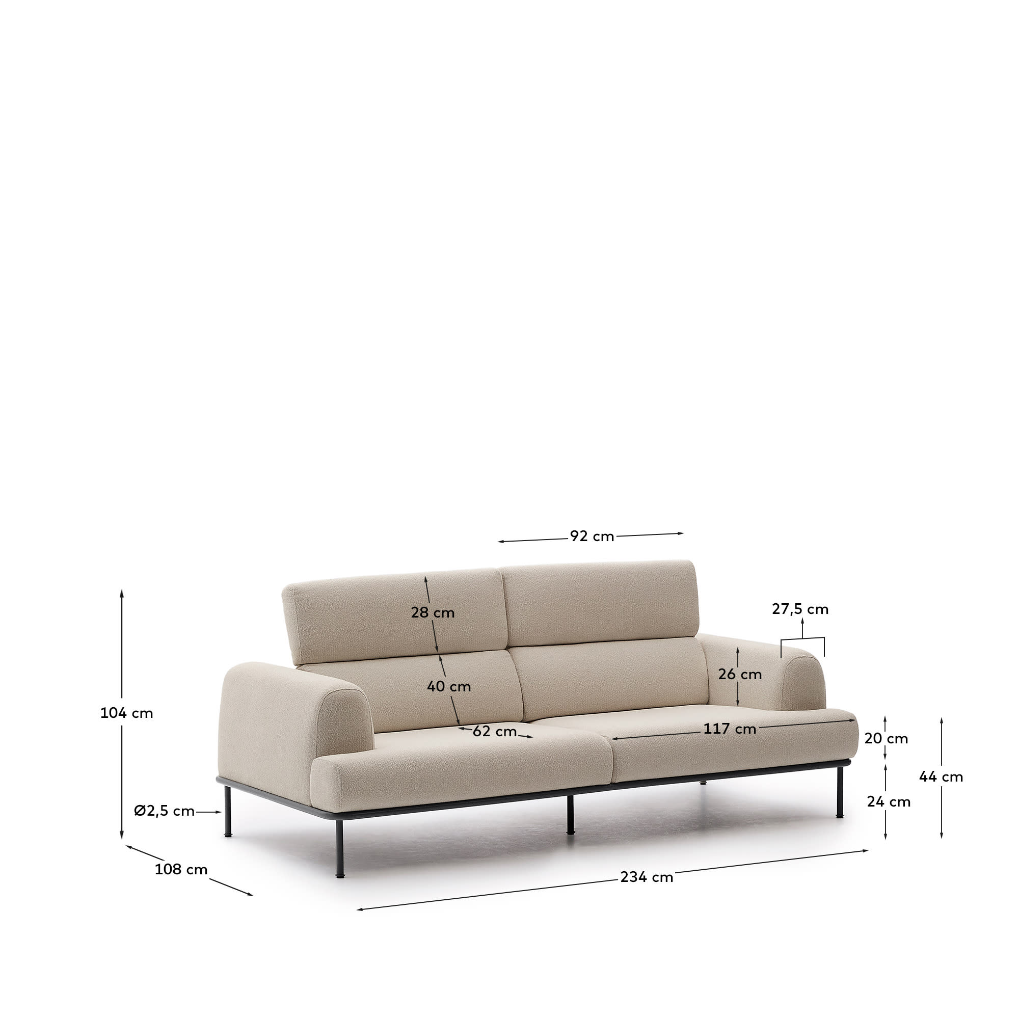 Elegantes 3-Sitzer-Sofa in Ecru mit verstellbarer Kopfstütze, mattgrauem Metallgestell und pflegeleichtem Chenille-Bezug.