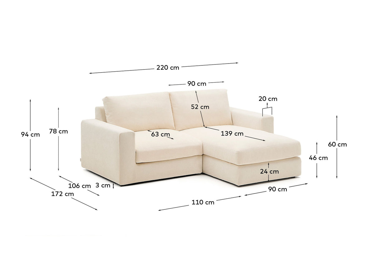 Modulares Sofa Alea für 3 Personen mit abnehmbarem Bezug aus Chenille mit Chaiselongue rechts in Ecru, 220 cm in Ecru präsentiert im Onlineshop von KAQTU Design AG. L-Sofa rechts ist von Kave Home