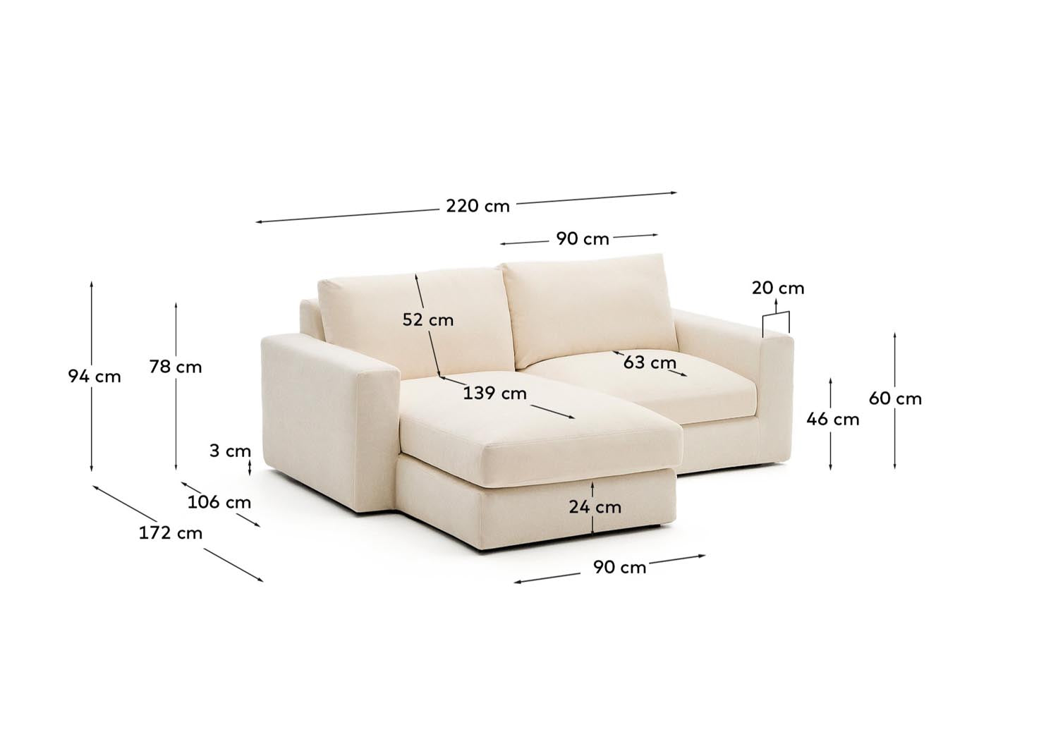 Modulares Sofa Alea für 3 Personen mit abnehmbarem Bezug aus Chenille mit Chaiselongue links in Ecru, 220 cm in Ecru präsentiert im Onlineshop von KAQTU Design AG. 3er Sofa ist von Kave Home