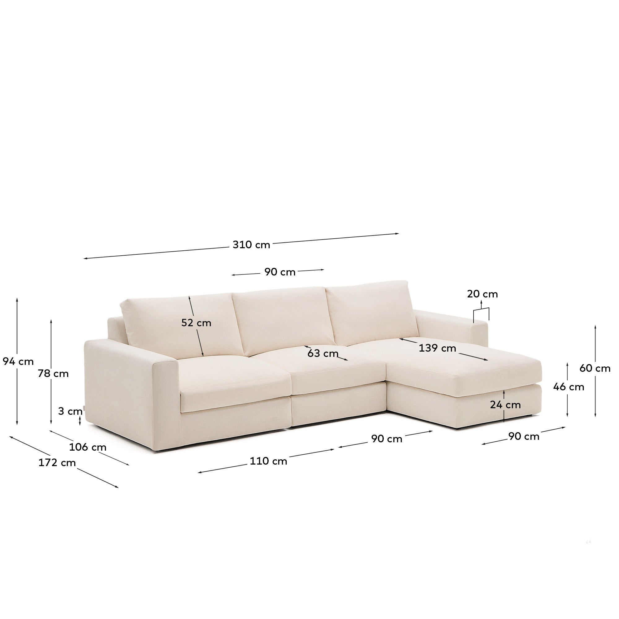 Modulares Sofa Alea für 4 Personen mit abnehmbarem Bezug aus Chenille mit Chaiselongue rechts in Beige, 310 cm in Beige präsentiert im Onlineshop von KAQTU Design AG. 3er Sofa ist von Kave Home