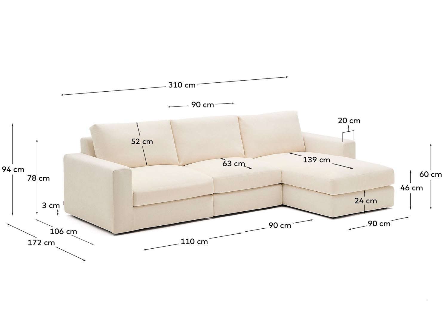 Modulares Sofa Alea für 4 Personen mit abnehmbarem Bezug aus Chenille mit Chaiselongue rechts in Ecru, 310 cm in Ecru präsentiert im Onlineshop von KAQTU Design AG. 4er Sofa ist von Kave Home