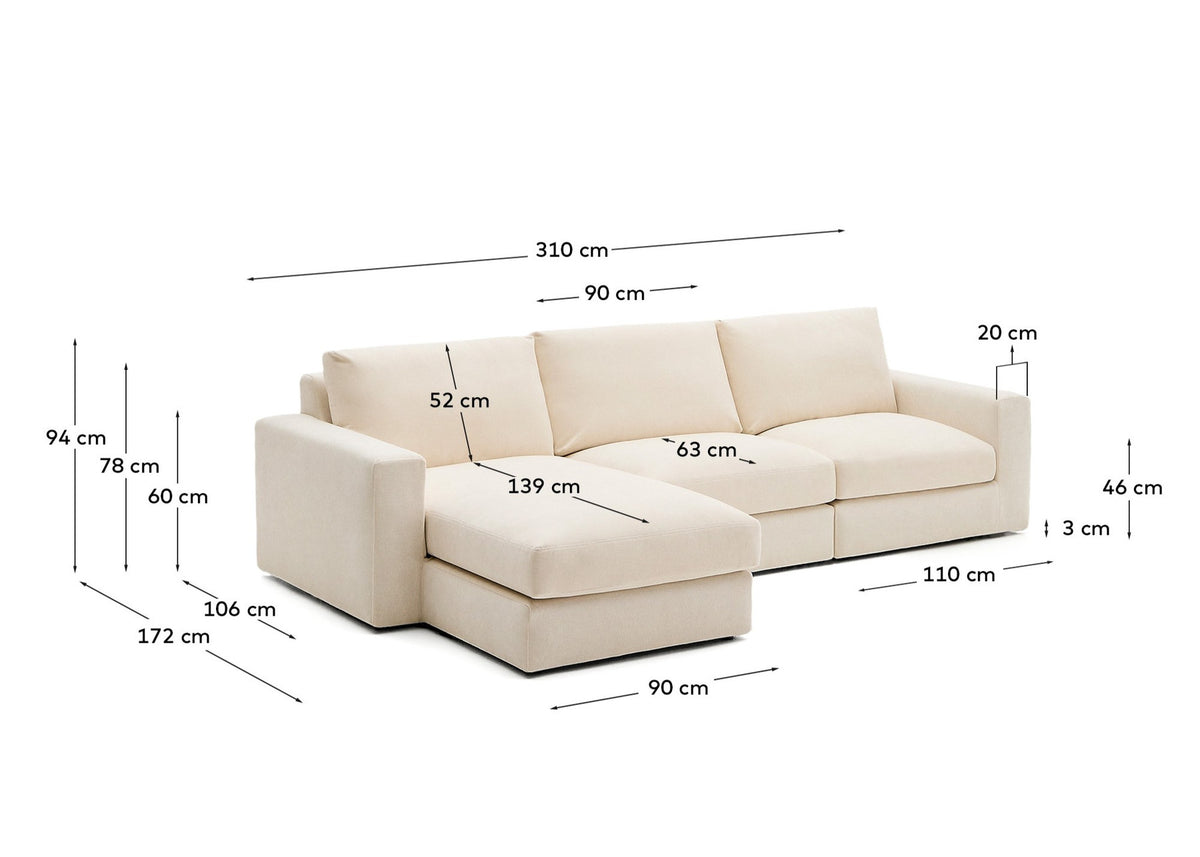 Modulares Sofa Alea für 4 Personen mit abnehmbarem Bezug aus Chenille mit Chaiselongue links in Ecru, 310 cm in Ecru präsentiert im Onlineshop von KAQTU Design AG. L-Sofa links ist von Kave Home
