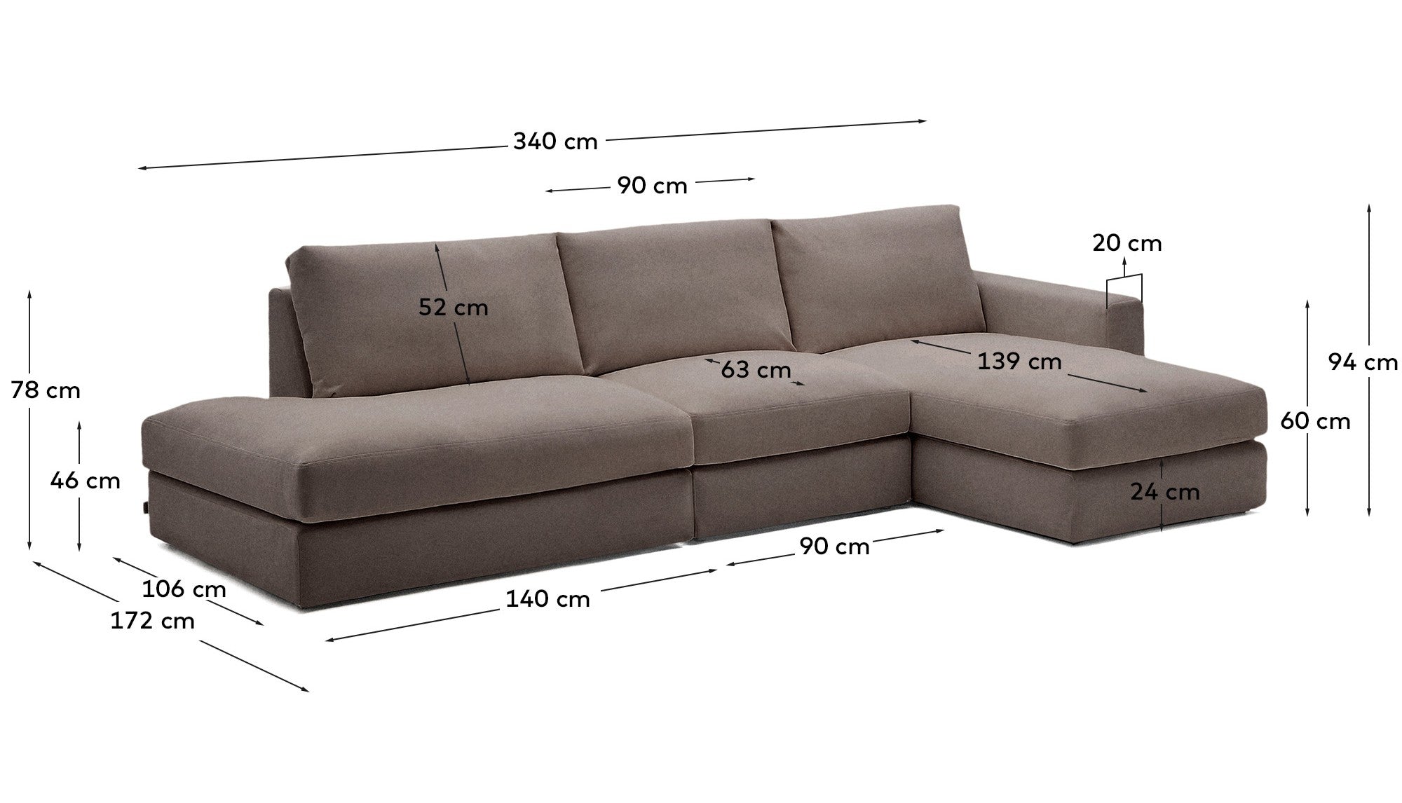 Modulares Sofa Alea für 5 Personen mit abnehmbarem Bezug aus dunkelbrauner Chenille und Chaiselongue rechts, 340 cm in Dunkelbraun präsentiert im Onlineshop von KAQTU Design AG. 5er Sofa ist von Kave Home