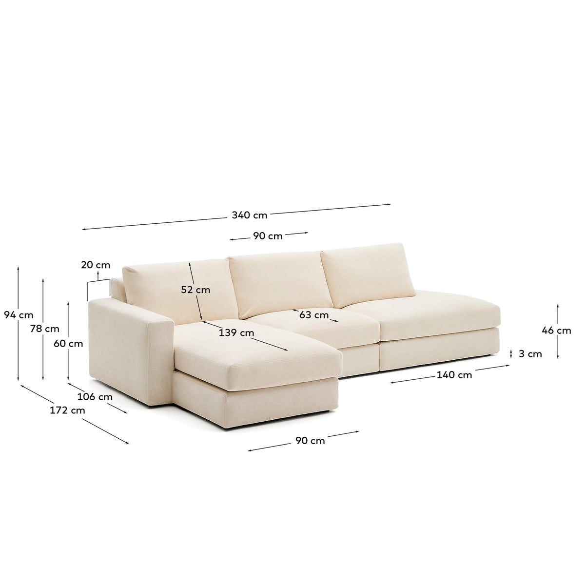 Modulares Sofa Alea für 5 Personen mit abnehmbarem Bezug aus Chenille mit Chaiselongue links in Ecru, 340 cm in Ecru präsentiert im Onlineshop von KAQTU Design AG. L-Sofa links ist von Kave Home