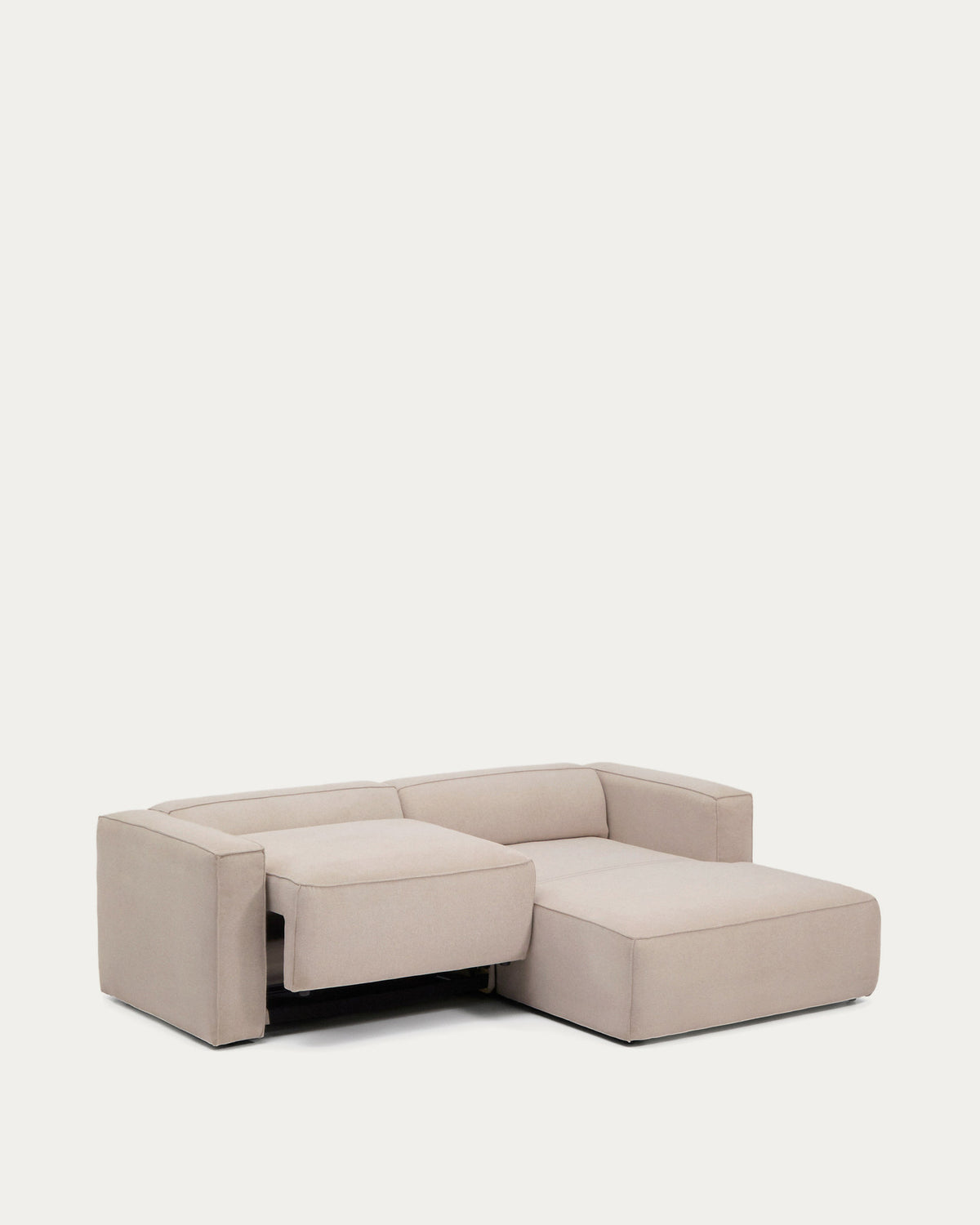 Beiges Bettsofa Marela mit Chaiselongue rechts, Gewebebezug und schwarzen Beinen