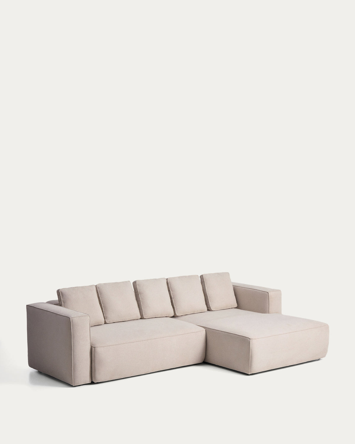 Beiges 4-Sitzer-Bettsofa Marela mit Chaiselongue rechts, Gewebebezug und schwarzen Beinen