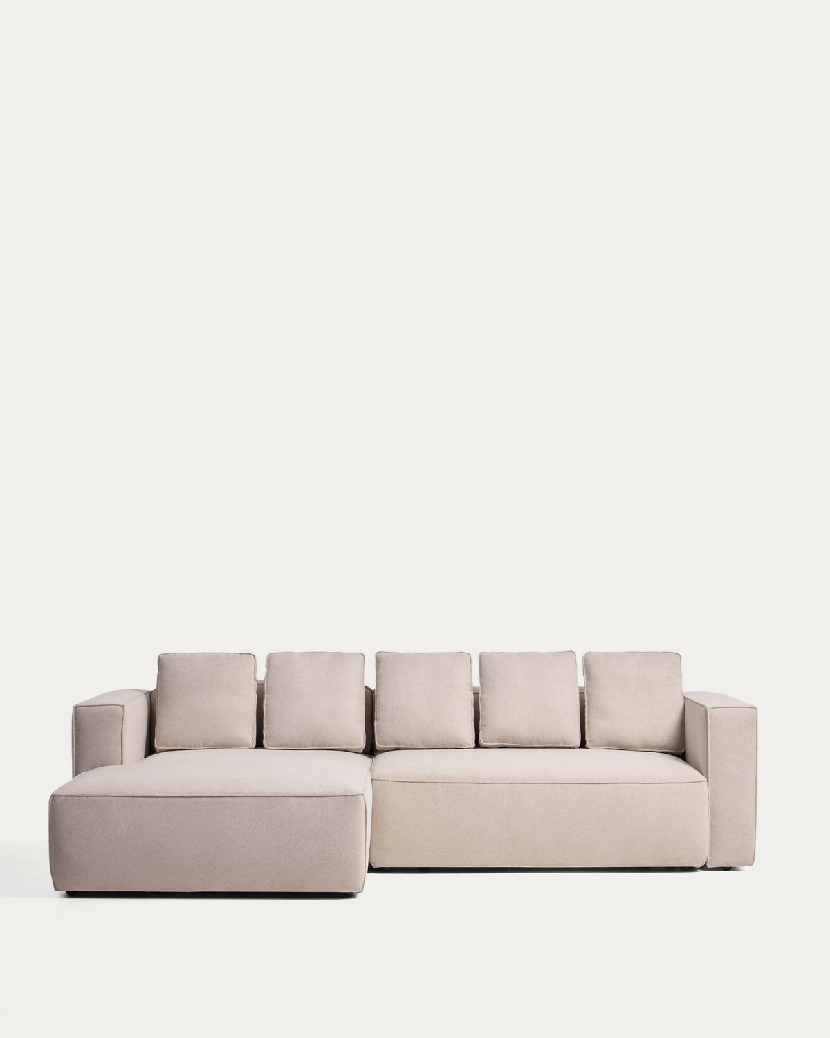 Beiges Bettsofa Marela mit Chaiselongue links, Gewebebezug und schwarzen Beinen