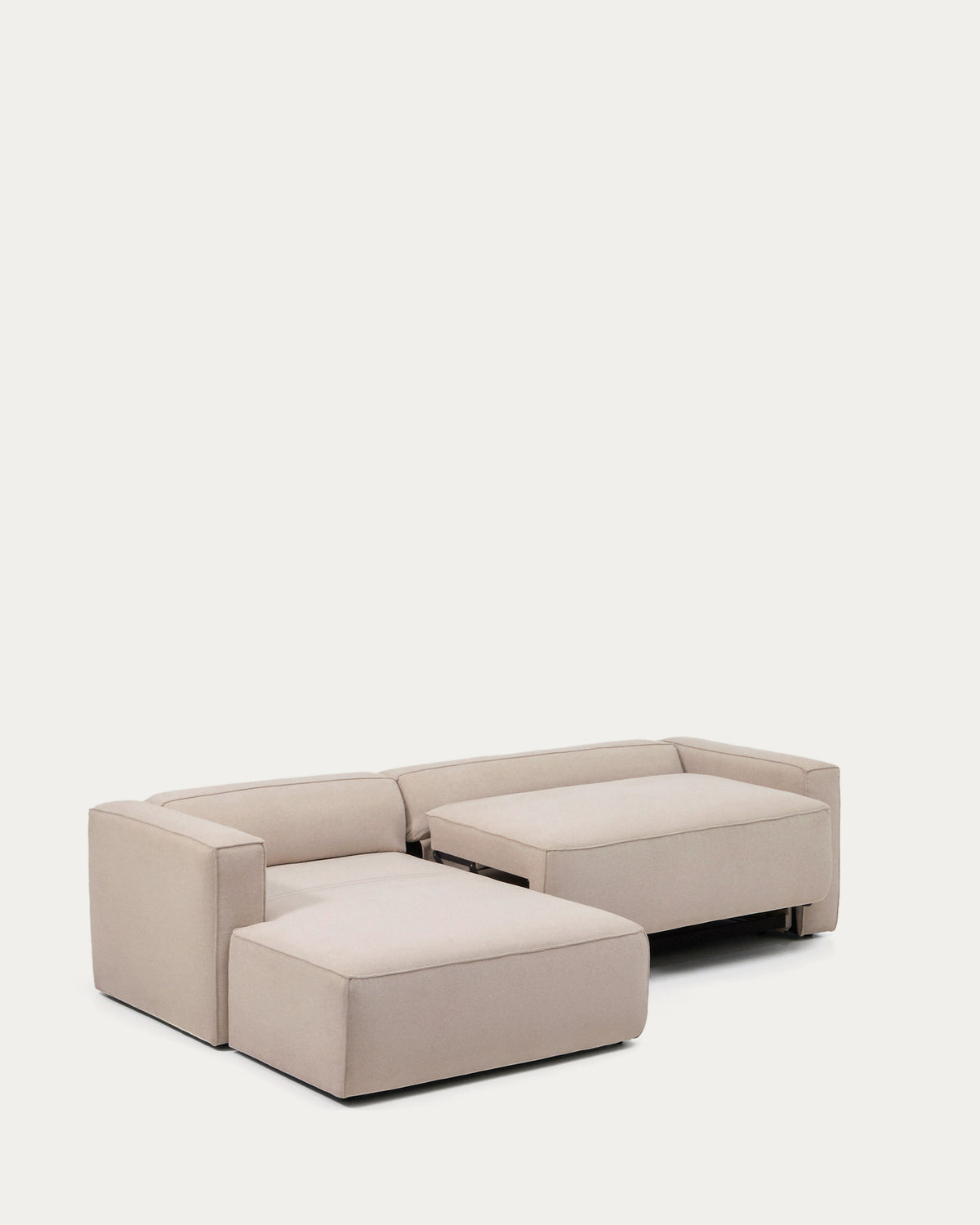 Beiges Bettsofa Marela mit Chaiselongue links, Gewebebezug und schwarzen Beinen