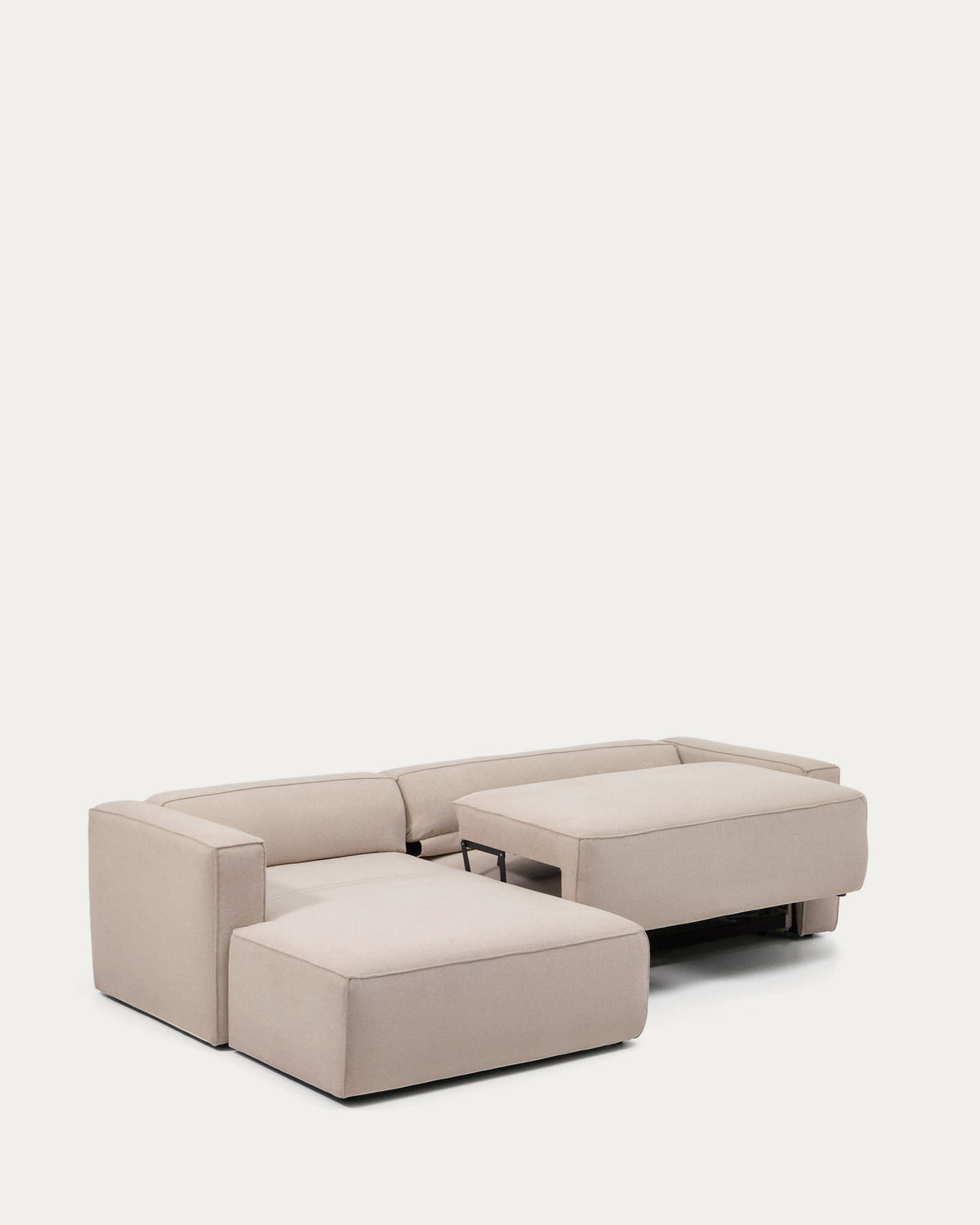 Beiges Bettsofa Marela mit Chaiselongue links, Gewebebezug und schwarzen Beinen