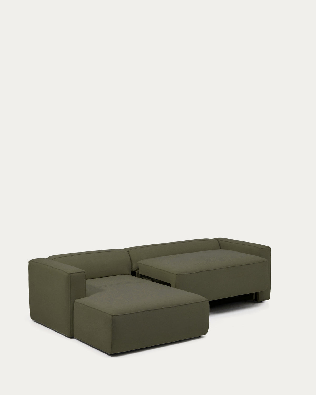 Dunkelgrünes Bettsofa Marela mit Chaiselongue links, Gewebebezug, Armlehnen, schwarze Beine