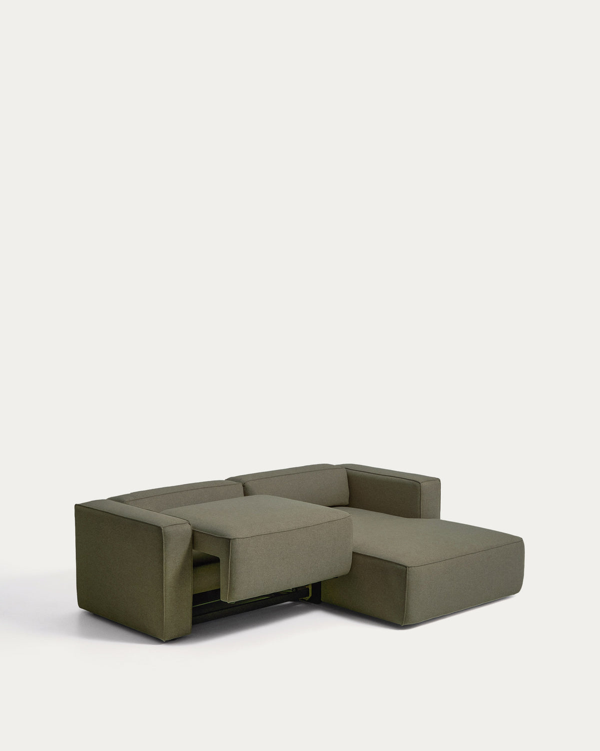 Dunkelgrünes Bettsofa Marela mit Chaiselongue rechts, Gewebebezug, Armlehnen und schwarzen Beinen