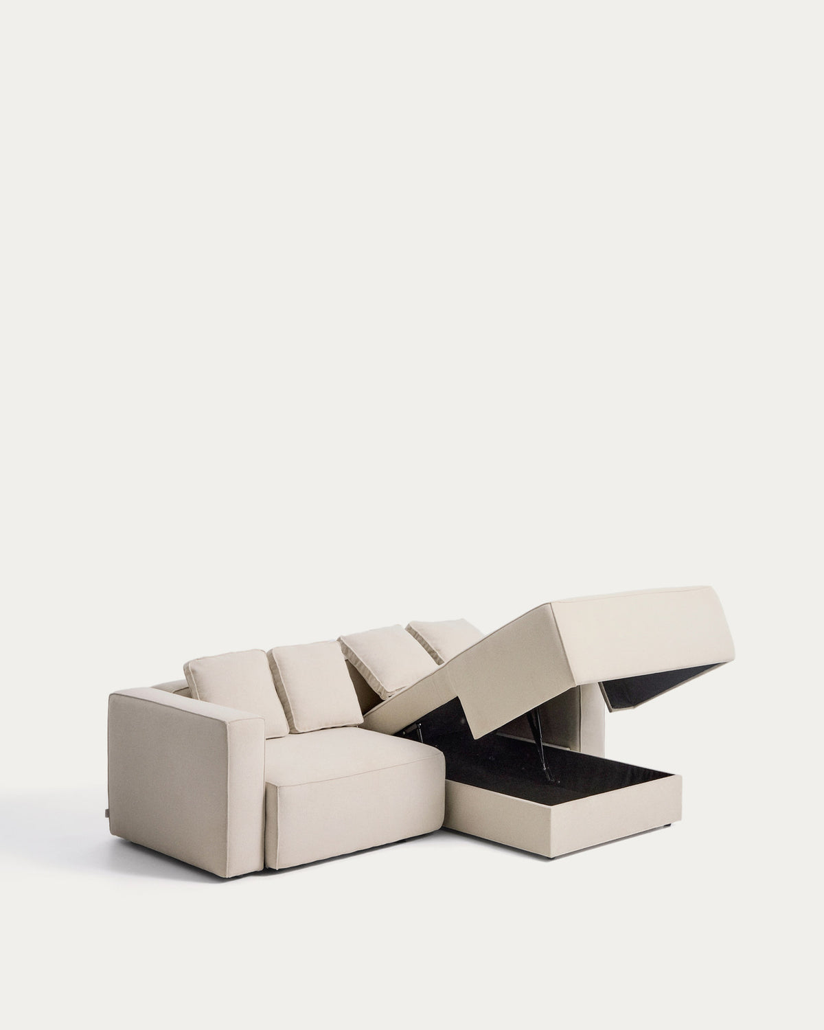 Ecrufarbenes 3-Sitzer-Bettsofa Marela aus Chenille mit Chaiselongue rechts und schwarzen Beinen