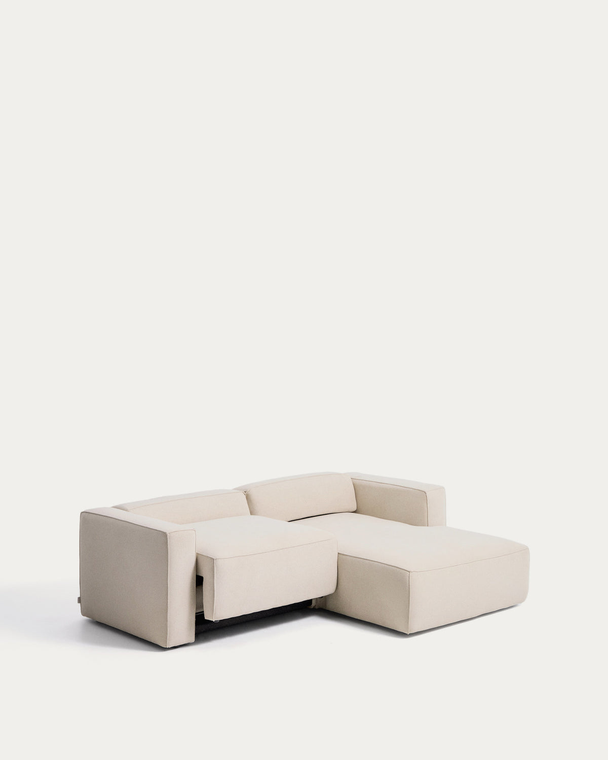 Ecrufarbenes 3-Sitzer-Bettsofa Marela aus Chenille mit Chaiselongue rechts und schwarzen Beinen