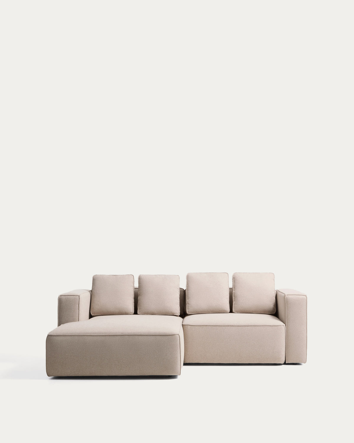 Beiges 3-Sitzer-Bettsofa Marela mit Chaiselongue links, Stoffbezug und schwarzen Beinen
