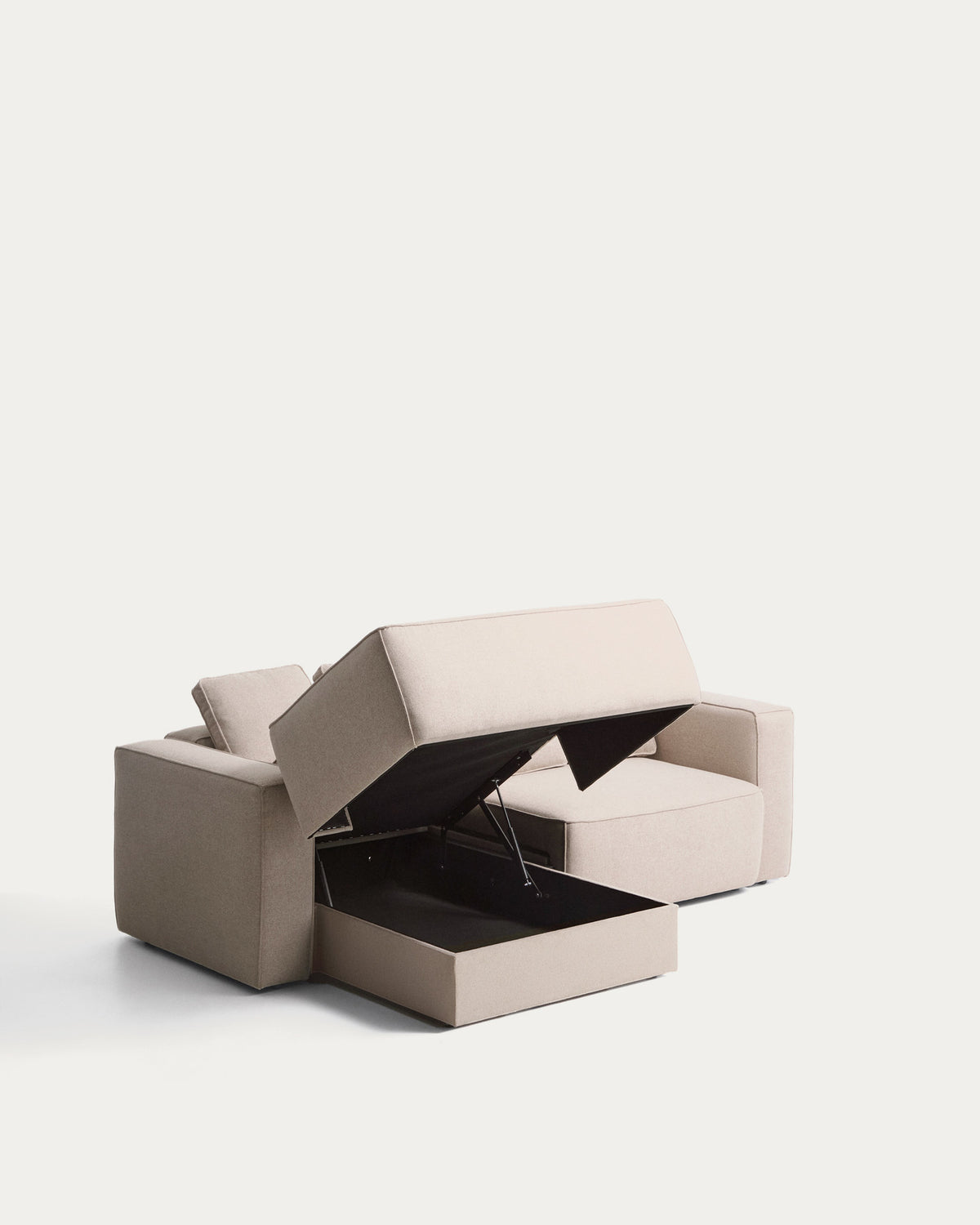 Beiges 3-Sitzer-Bettsofa Marela mit Chaiselongue links, Stoffbezug und schwarzen Beinen