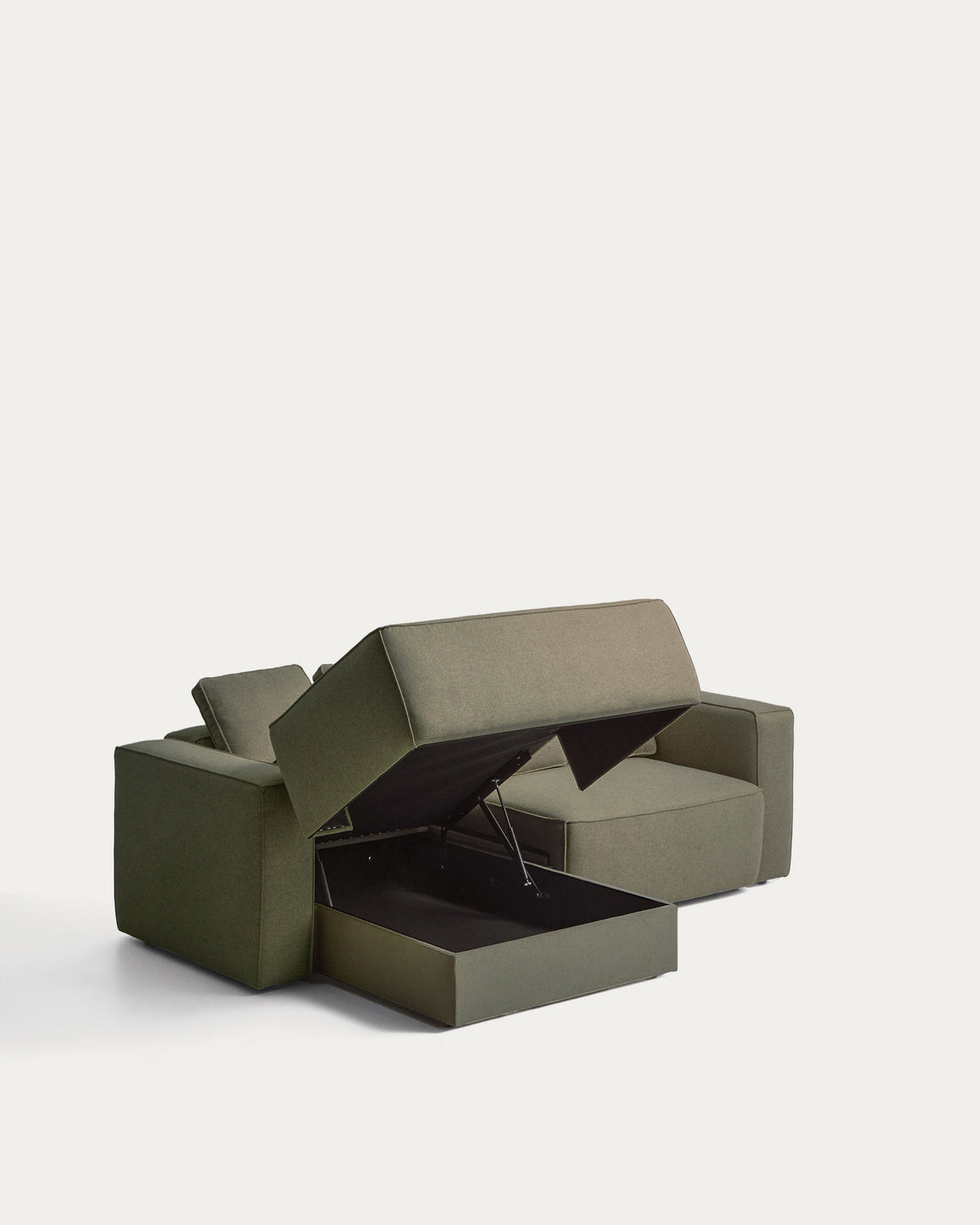 Dunkelgrünes Bettsofa Marela mit Chaiselongue links, Stoffbezug und schwarzen Beinen