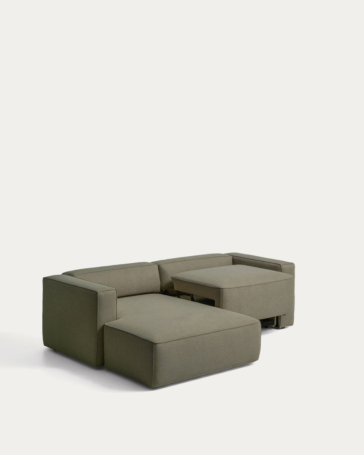 Dunkelgrünes Bettsofa Marela mit Chaiselongue links, Stoffbezug und schwarzen Beinen