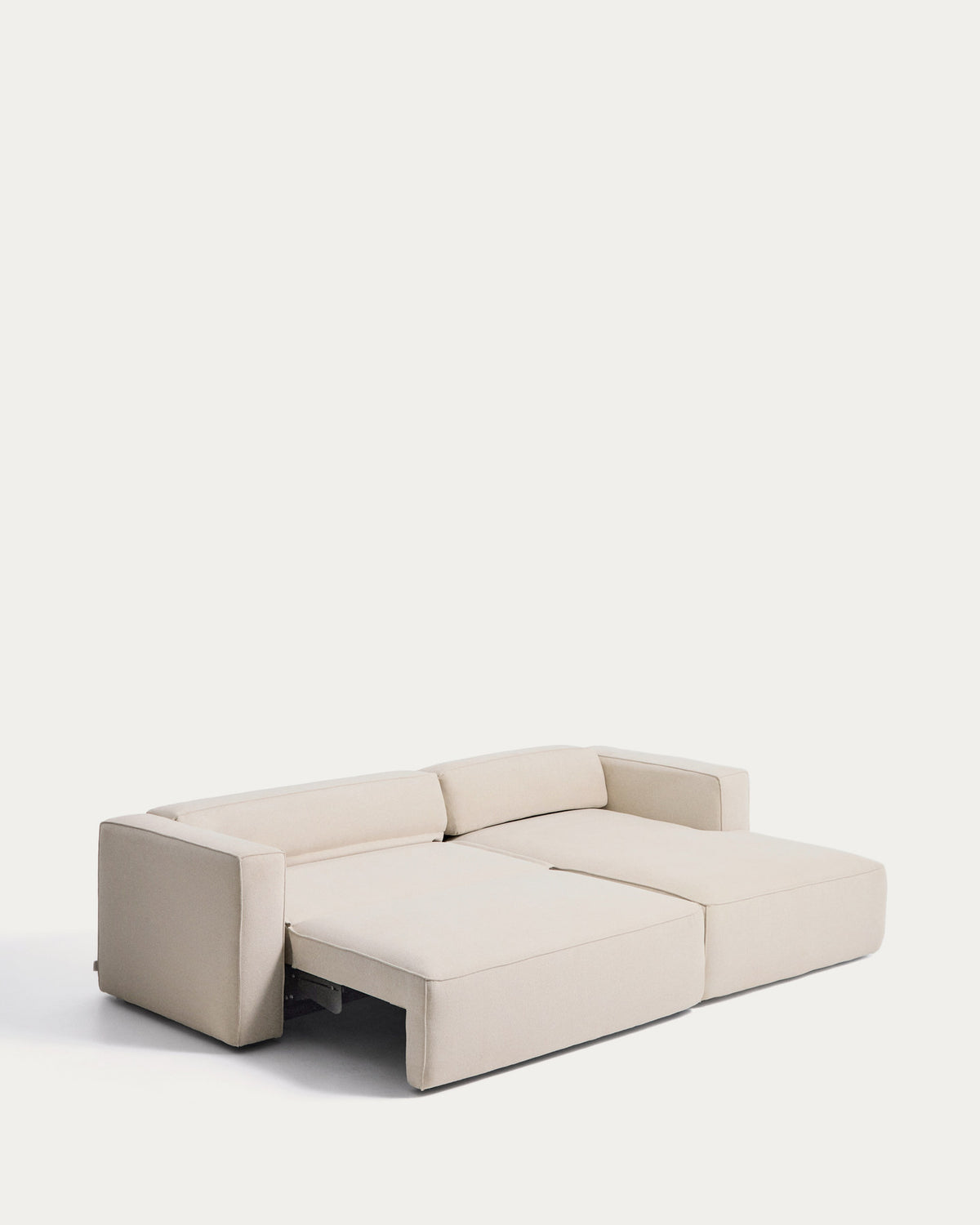 Beiges Bettsofa Marela mit Chaiselongue rechts, Chenillebezug in Ecru, schwarze Beine