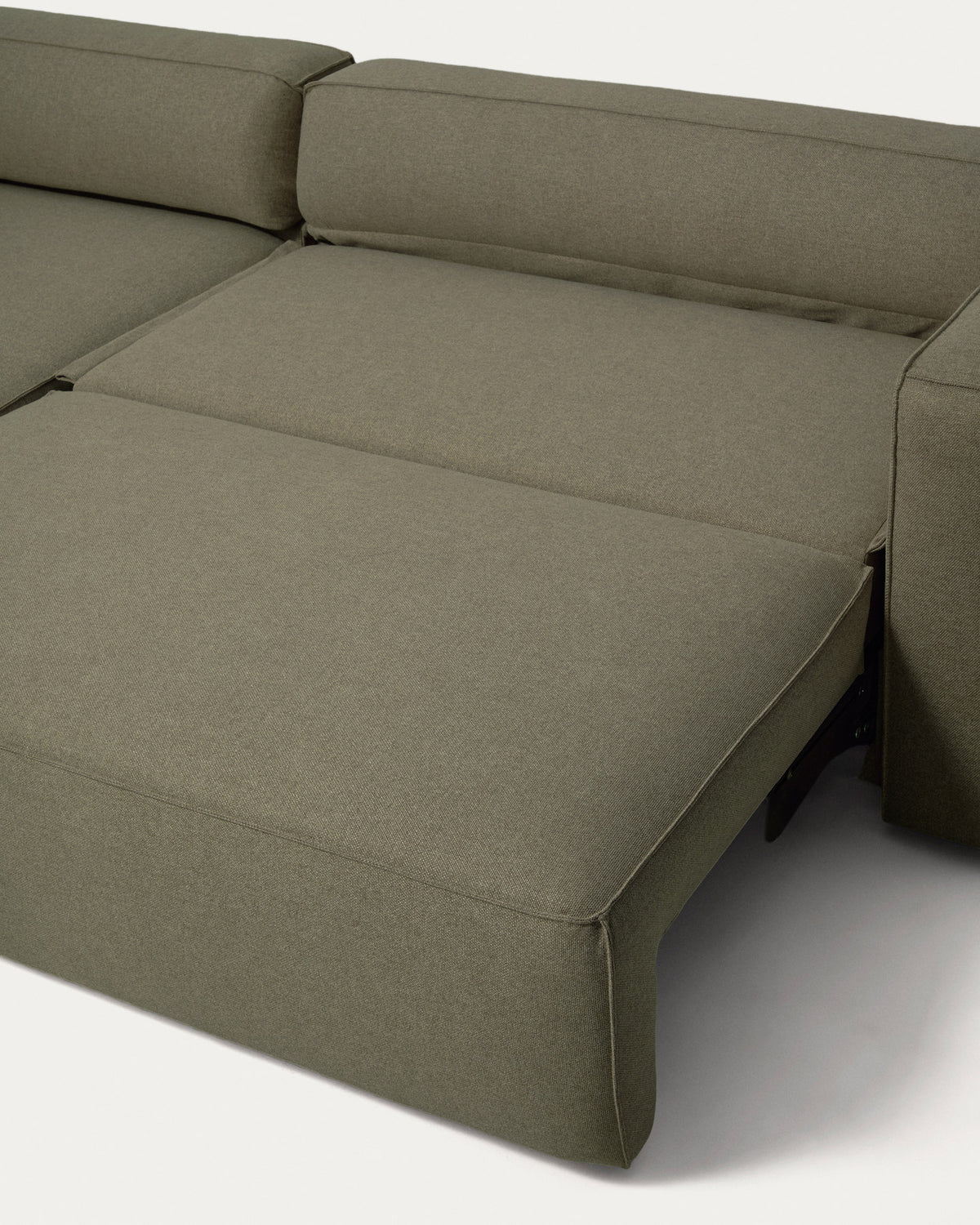 Dunkelgrünes Bettsofa Marela mit Chaiselongue links, Stoffbezug und schwarzen Beinen