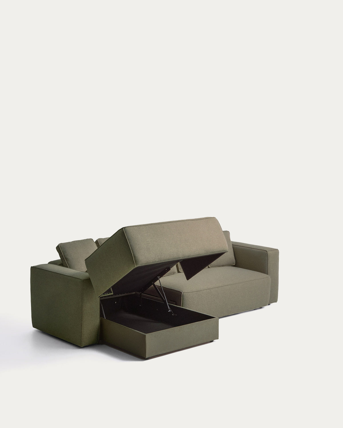 Dunkelgrünes Bettsofa Marela mit Chaiselongue links, Stoffbezug und schwarzen Beinen