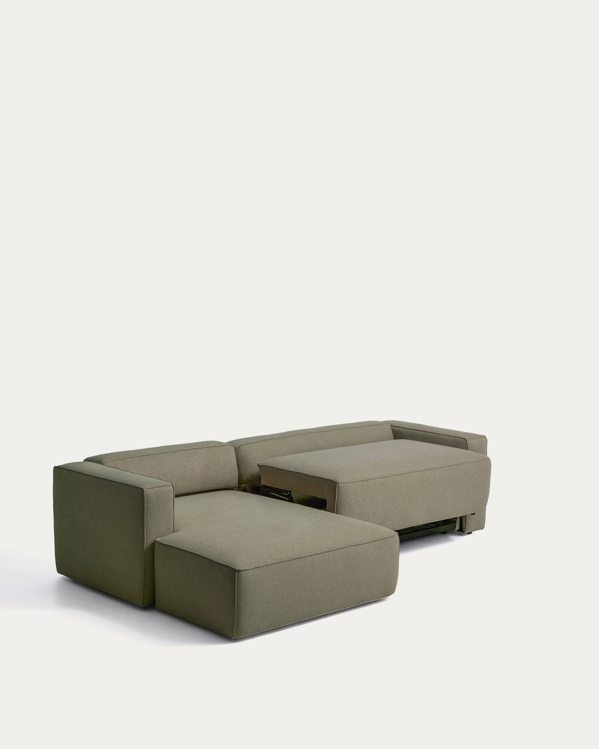 Dunkelgrünes Bettsofa Marela mit Chaiselongue links, Stoffbezug und schwarzen Beinen