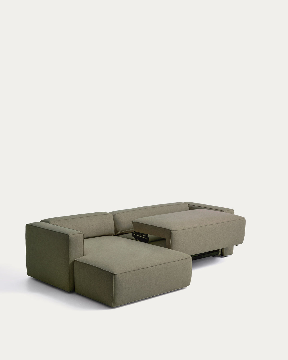 Dunkelgrünes Bettsofa Marela mit Chaiselongue links, Stoffbezug und schwarzen Beinen