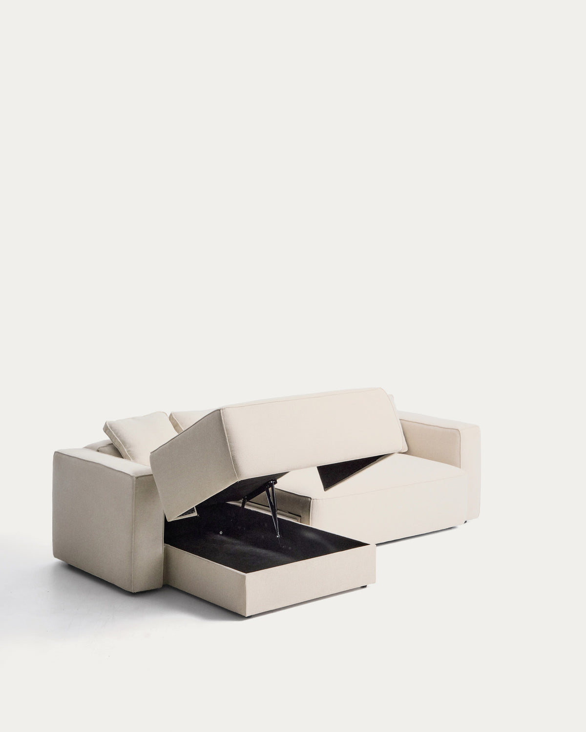 Bettsofa Marela mit Chaiselongue links in ecrufarbener Chenille und schwarzen Beinen