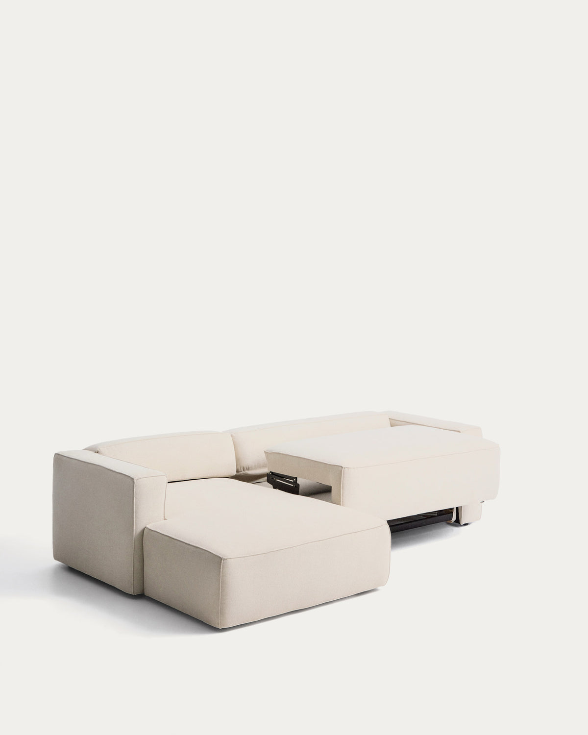 Bettsofa Marela mit Chaiselongue links in ecrufarbener Chenille und schwarzen Beinen
