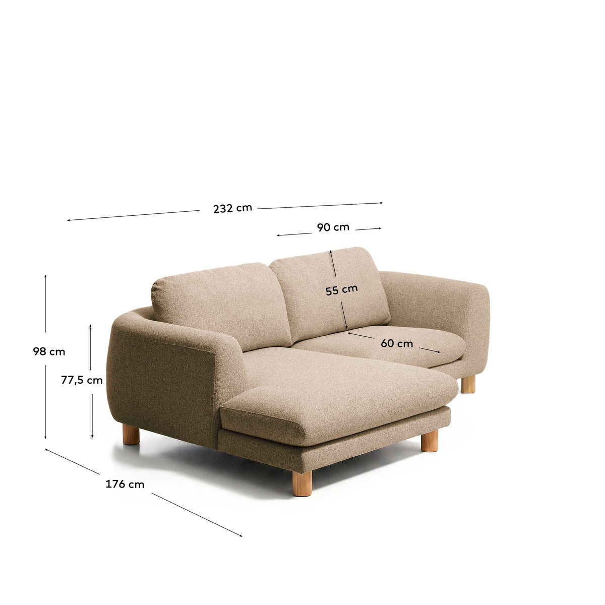 3-Sitzer Sofa Vera in Hellbraun mit Chaiselongue links, gepolsterter Sitzfläche und sichtbaren Beinen aus massivem Eschenholz mit natürlichem Finish.