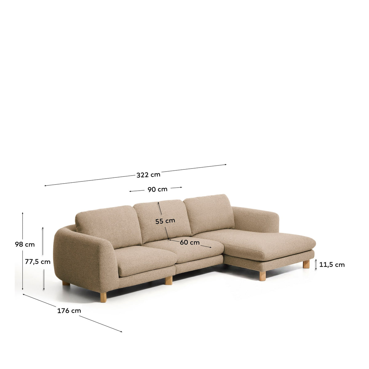 Hellbraunes 4-Sitzer Sofa Vera mit Chaiselongue rechts, gepolstert mit strukturiertem Gewebe, auf sichtbaren Beinen aus massivem Eschenholz mit natürlichem Finish.