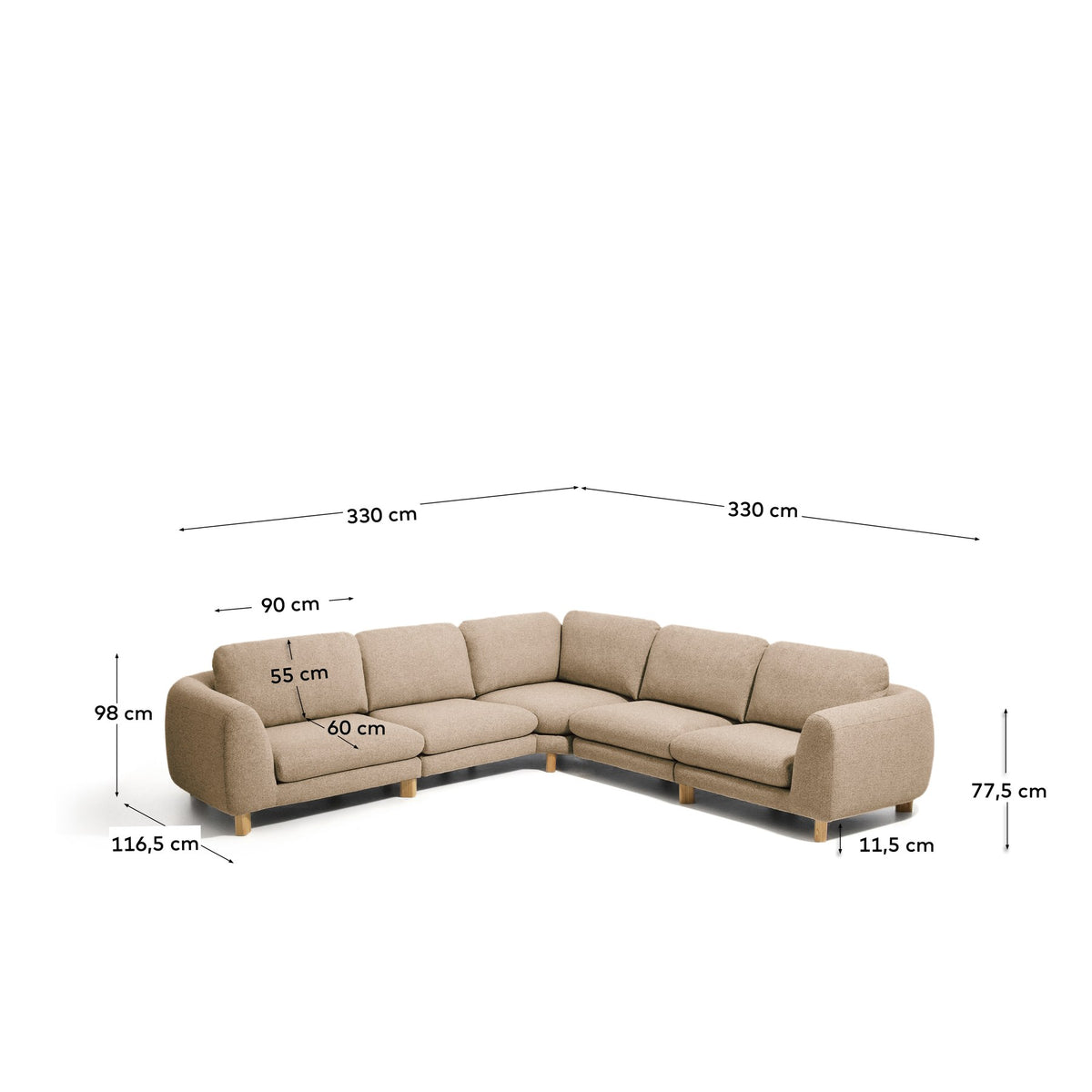 5-Sitzer Ecksofa Vera von Kave Home in Hellbraun mit gepolsterten Sitzflächen und sichtbaren Beinen aus massivem Eschenholz mit natürlichem Finish.