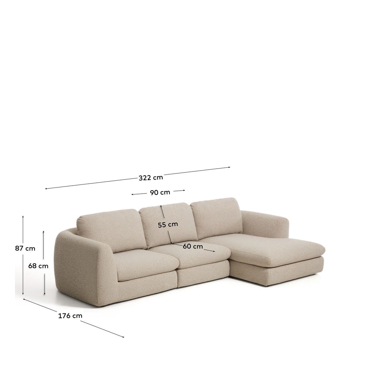 Beiges 4-Sitzer Sofa Vera mit Chaiselongue rechts, gepolstert mit strukturiertem Stoff und schwarzen Beinen aus Polypropylen.