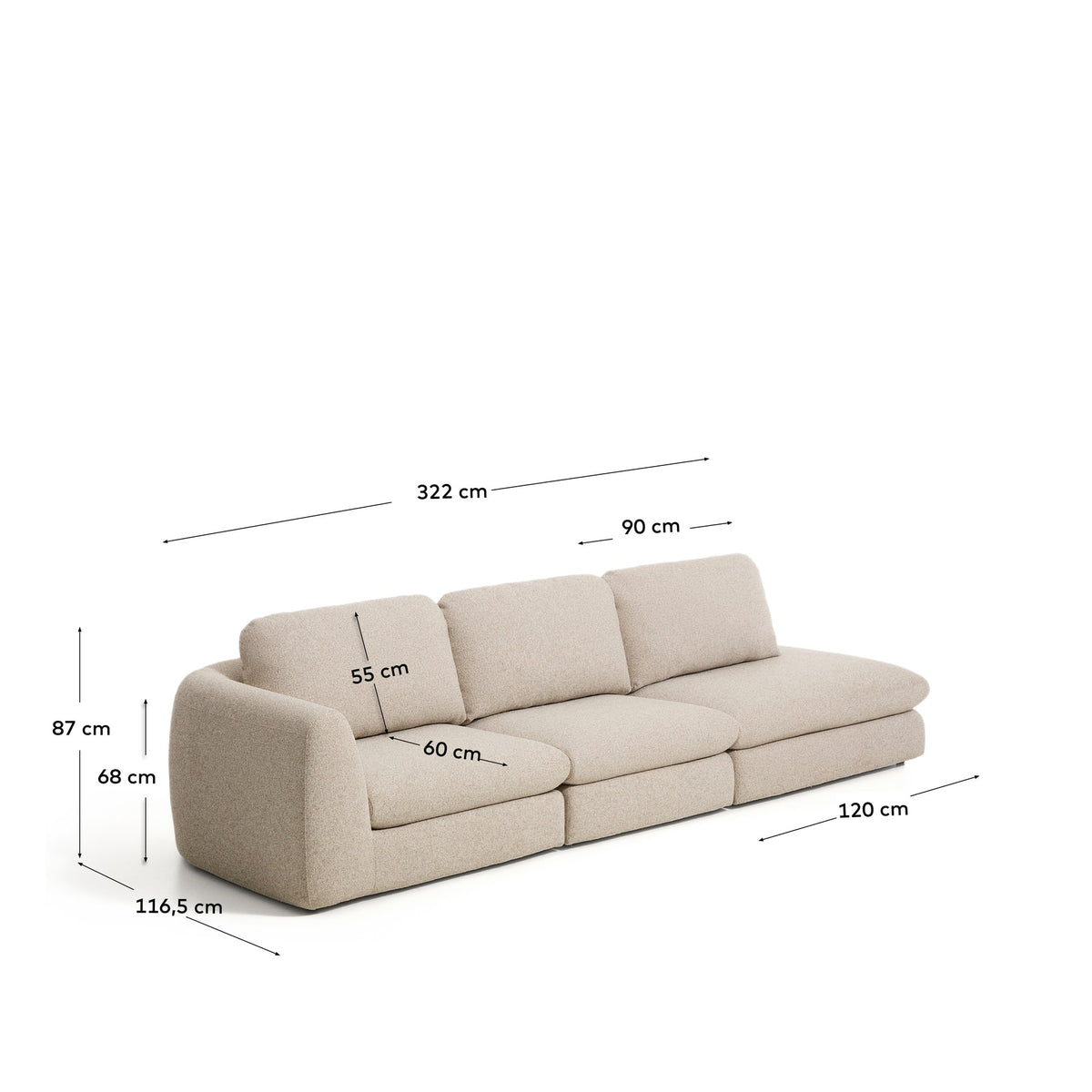 Beiges Sofa Vera mit vier Sitzplätzen und Randmodul rechts, gepolstert mit strukturiertem Gewebe, schwarzen Kunststoffbeinen und niedrigem Gestell.