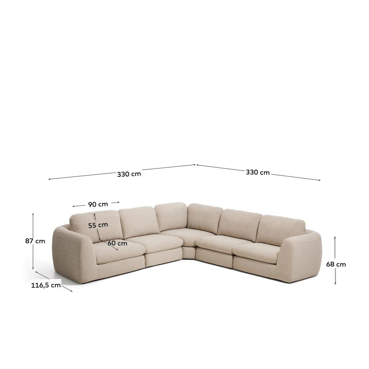5-Sitzer Ecksofa Vera in Beige mit abgerundeten Armlehnen, strukturiertem Gewebebezug und schwarzen Beinen aus Polypropylen, Frontalansicht.