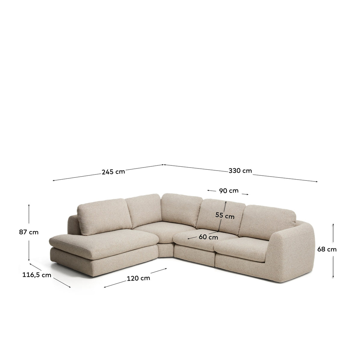 5-Sitzer Ecksofa Vera mit Randmodul links in Beige, 245 x 330 cm, FSC Mix Credit in Beige präsentiert im Onlineshop von KAQTU Design AG. 5er Sofa ist von Kave Home