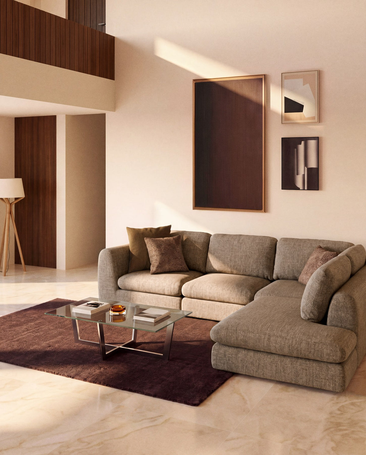 5-Sitzer Ecksofa Vera in Hellbraun mit Randmodul rechts, gepolstert mit strukturiertem Gewebe, Gestell aus Kiefernholz, 330x245 cm.